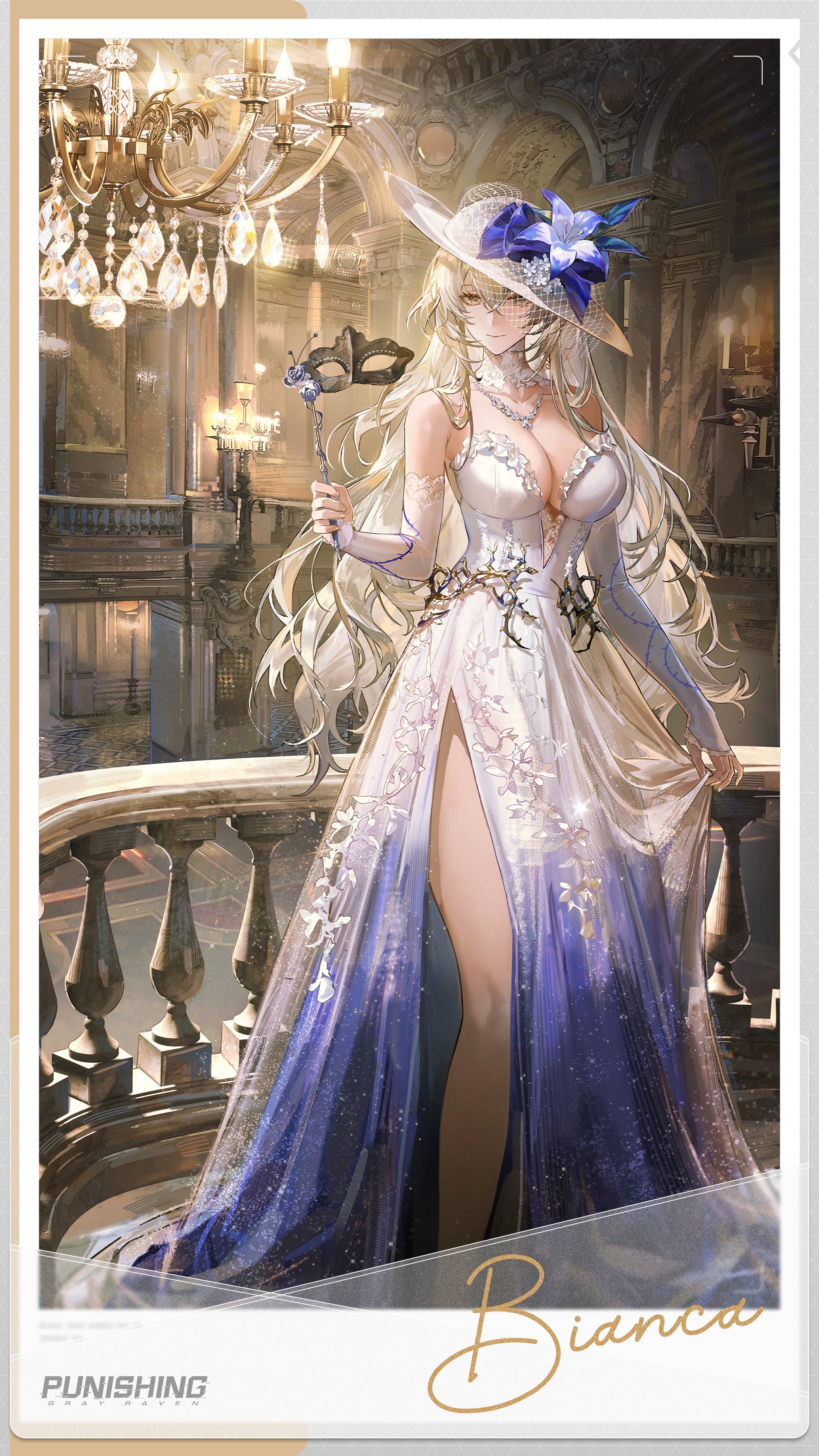 bianca: crepuscule (pgr), bianca (pgr), punishing: gray raven, absurdres, commentary, english commentary, highres, official art, 1girl, blonde hair, blue bow, blue flower, blue skirt, bow, breasts, candle, candlestand, chandelier, character name, cleavage, closed mouth, collar, copyright name, crossed bangs, detached sleeves, dress, eye mask, eyelashes, feet out of frame, floral print, flower, frilled dress, frills, gradient clothes, gradient dress, hair between eyes, hat, hat bow, hat flower, indoors, jewelry, large breasts, long hair, long skirt, long sleeves, looking at another, mask, necklace, picture frame, picture hat, railing, side slit, skirt, skirt hold, sleeveless, sleeveless dress, sleeves past wrists, solo, strapless, strapless dress, very long hair, vine print, wavy hair, white collar, white hat, white sleeves, yellow eyes