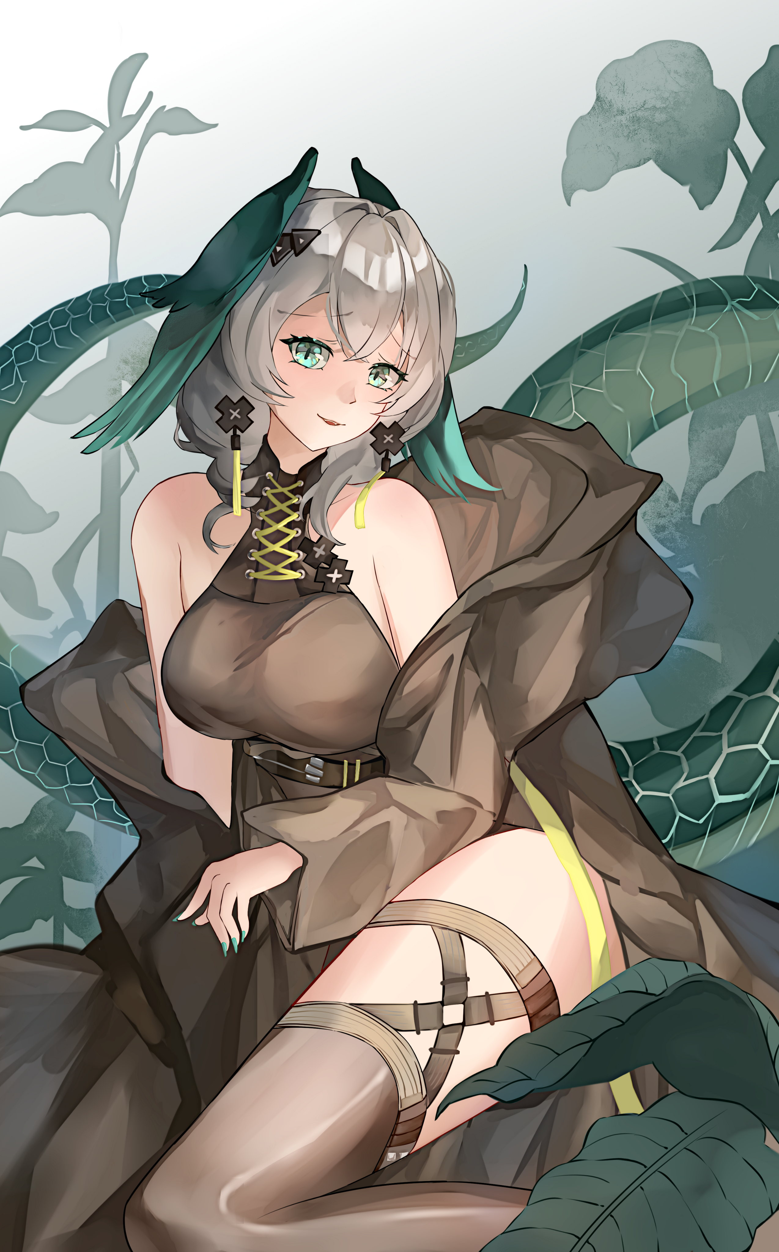 ying wei jin inexistenec, ho'olheyak (arknights), ho'olheyak (ritual of immortality) (arknights), arknights, absurdres, commentary, highres, symbol-only commentary, 1girl, black dress, breasts, dress, feathered wings, grey hair, head wings, large breasts, long dress, medium hair, side slit, snake girl, snake tail, solo, tail, wings