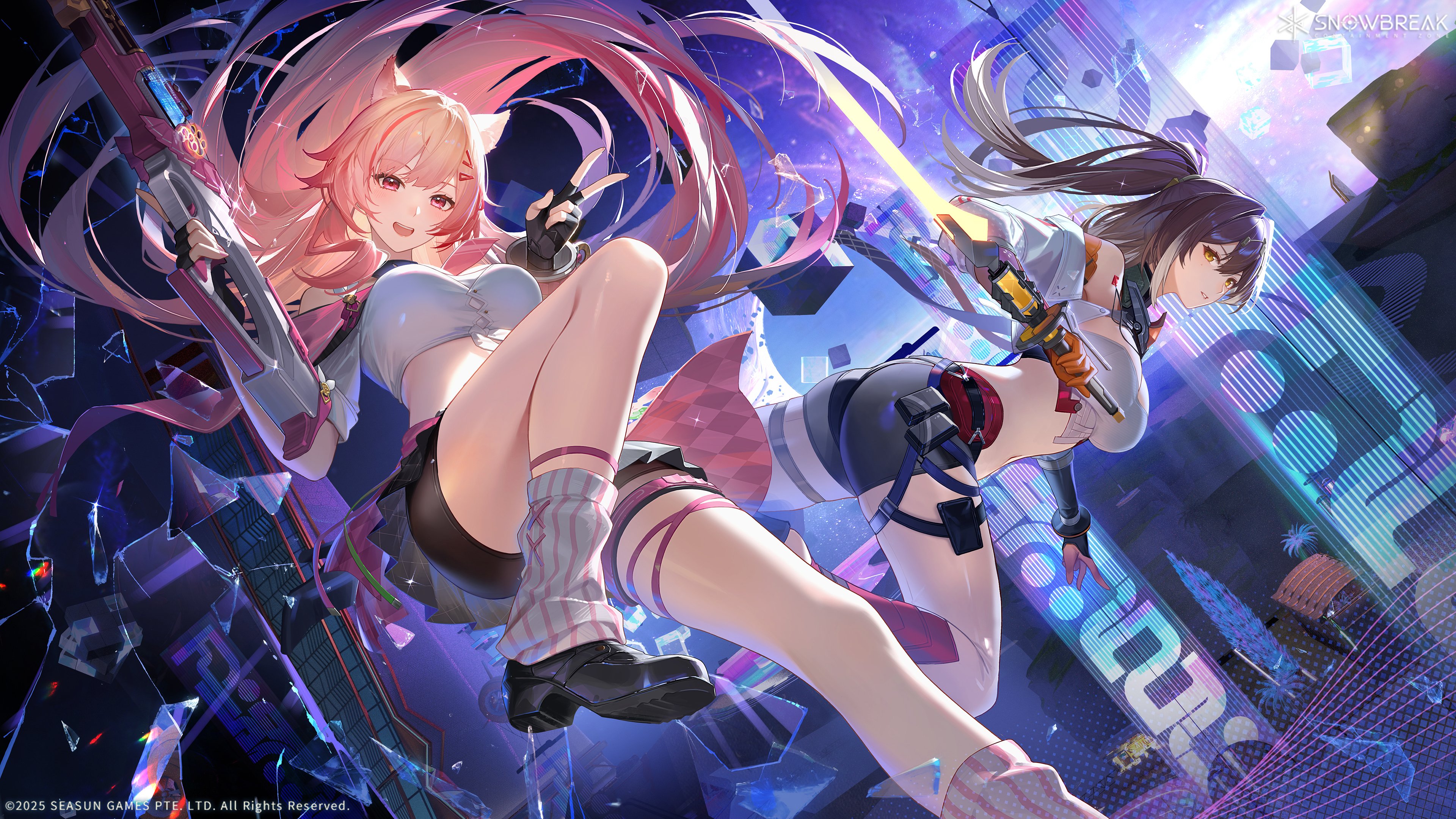 naruse haru (snowbreak), snowbreak: containment zone, absurdres, commentary, english commentary, highres, official art, 2girls, animal ears, ass, bare shoulders, bike shorts, black shoes, black shorts, black skirt, breasts, brown hair, button gap, crop top, dress shirt, floating hair, front-tie top, gun, holding, holding gun, holding weapon, knee up, large breasts, long hair, looking at viewer, mia skye, midriff, miniskirt, multicolored hair, multiple girls, off shoulder, open mouth, pink hair, pleated skirt, ponytail, red eyes, shirt, shoes, shorts, skirt, smile, socks, streaked hair, thighs, very long hair, weapon, white shirt, white socks