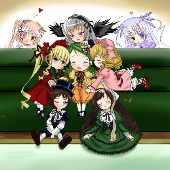 barasuishou, hinaichigo, kanaria, kirakishou, shinku, souseiseki, suigintou, suiseiseki, rozen maiden, eyebrows, 00s, 6+girls, everyone, happy, multiple girls, pantyhose, wings