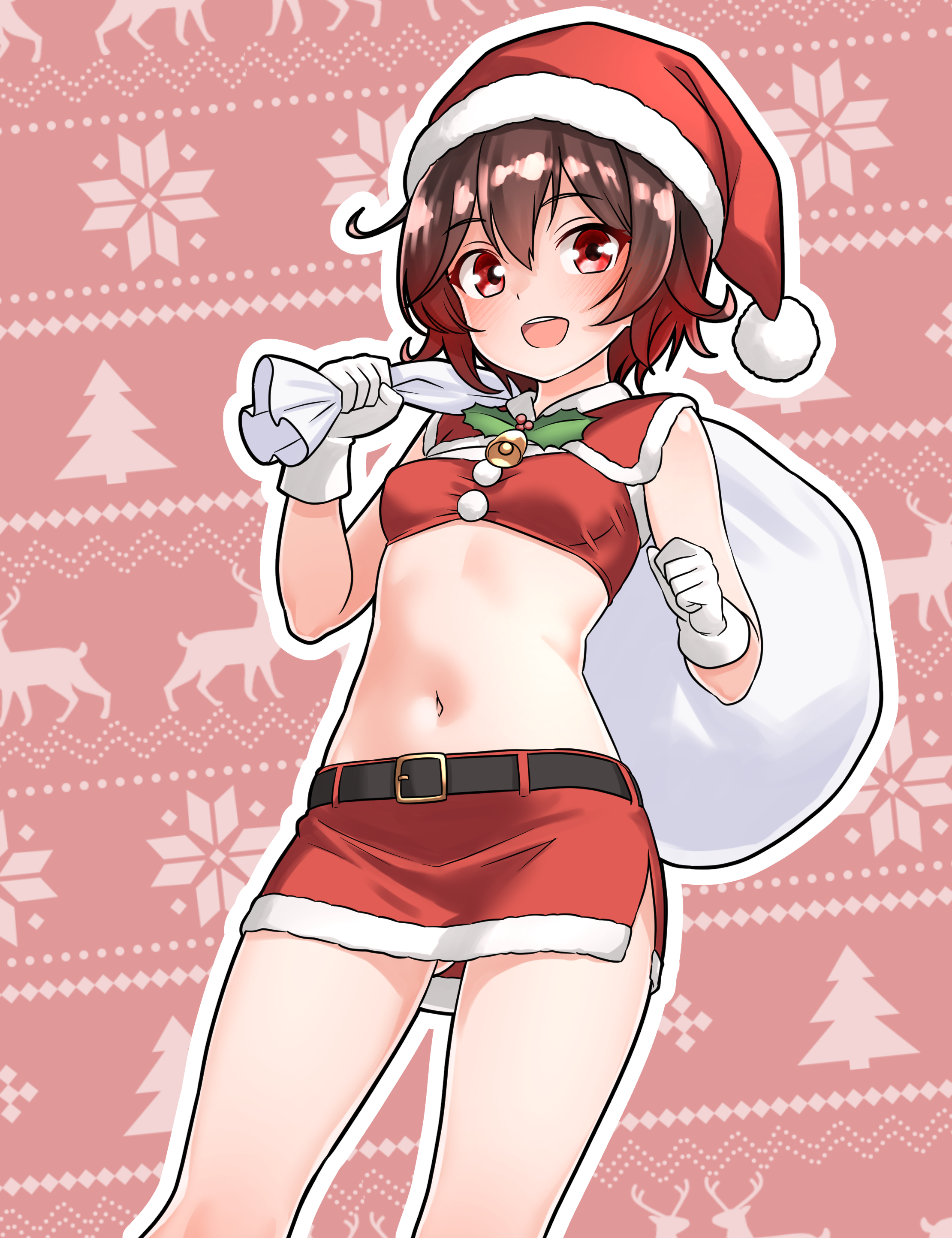 furaggu (frag 0416), mutsuki (kancolle), kantai collection, absurdres, commentary request, highres, variant set, 1girl, bag, belt, black belt, breasts, brown hair, cropped shirt, gift bag, gloves, gradient hair, hat, holding, holding bag, miniskirt, multicolored hair, navel, pencil skirt, red eyes, red hair, red hat, red shirt, red skirt, santa costume, santa hat, shirt, skirt, sleeveless, sleeveless shirt, small breasts, solo, standing, stomach, thighs, white gloves