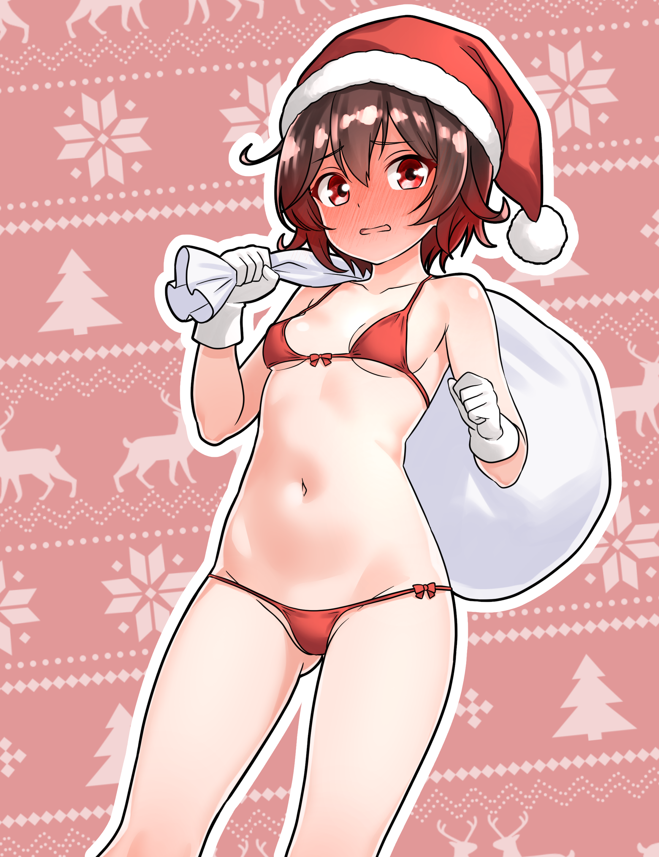furaggu (frag 0416), mutsuki (kancolle), kantai collection, absurdres, commentary request, highres, variant set, 1girl, bag, bikini, blush, breasts, brown hair, embarrassed, full-face blush, gift bag, gloves, gradient hair, hat, holding, holding bag, micro bikini, multicolored hair, navel, red bikini, red eyes, red hair, red hat, santa bikini, santa costume, santa hat, small breasts, solo, standing, stomach, swimsuit, thighs, white gloves