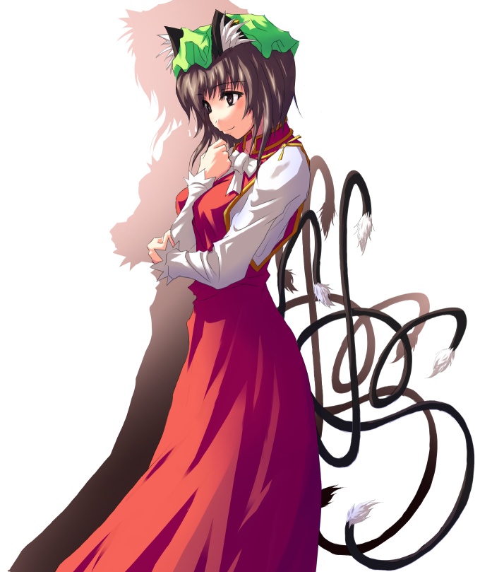 guang, chen, touhou, bad id, bad pixiv id, 1girl, aged up, animal ears, brown eyes, brown hair, cat ears, cat girl, cat tail, dress, earrings, female focus, hat, jewelry, multiple tails, short hair, sigil, solo, tail