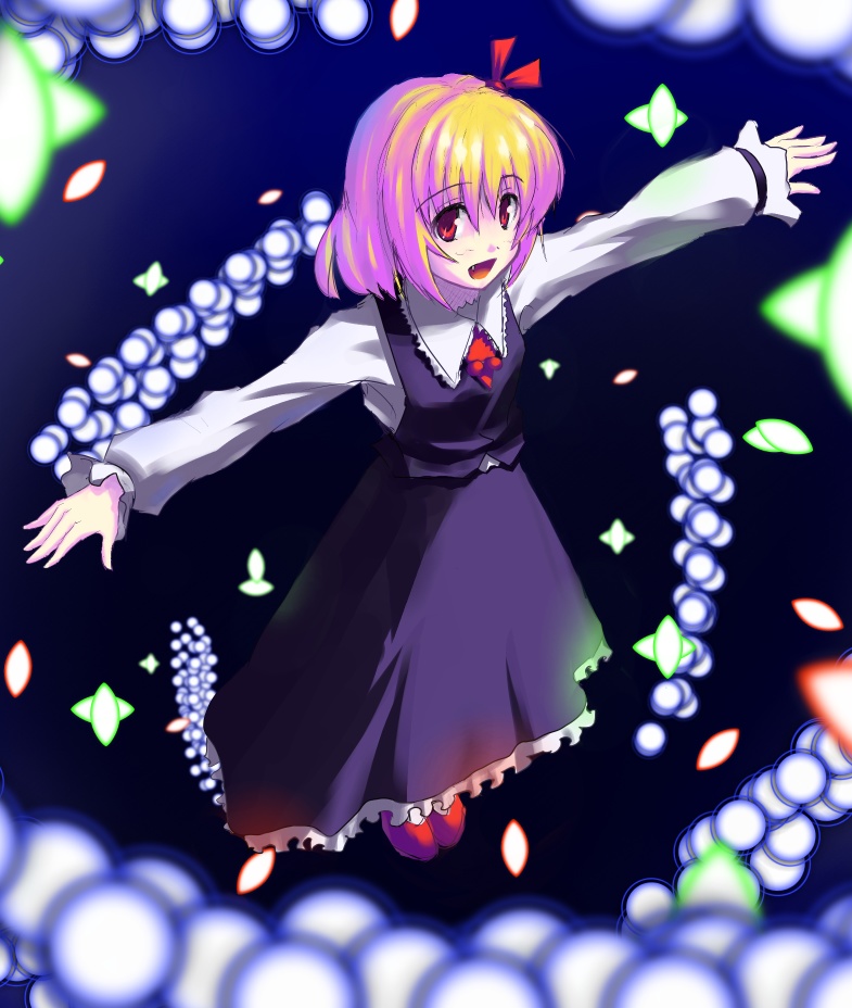 guang, rumia, embodiment of scarlet devil, touhou, bad id, bad pixiv id, 1girl, blonde hair, danmaku, fang, female focus, full body, open mouth, outstretched arms, red eyes, short hair, solo, spread arms