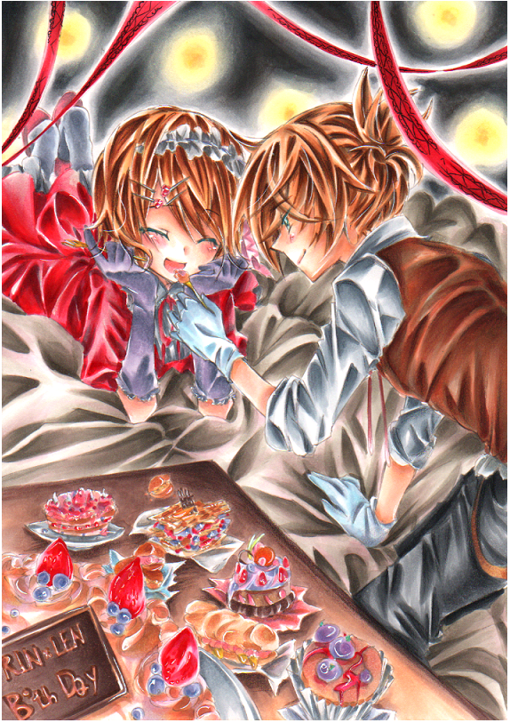 aya carmine, kagamine len, kagamine rin, aku no musume (vocaloid), evillious nendaiki, vocaloid, 1boy, 1girl, birthday, blonde hair, brother and sister, cake, closed eyes, food, gloves, pastry, ponytail, short hair, siblings, smile, sweets, twins