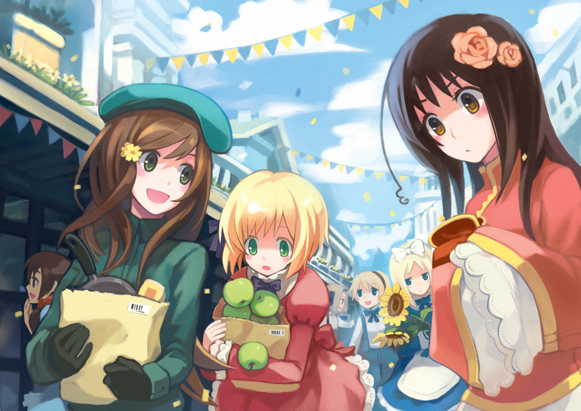verus, belarus (hetalia), belgium (hetalia), hungary (hetalia), liechtenstein (hetalia), seychelles (hetalia), taiwan (hetalia), ukraine (hetalia), axis powers hetalia, 00s, 6+girls, ahoge, apple, bag, beret, changpao, chinese clothes, confetti, flower, food, fruit, gloves, handbag, hat, long sleeves, multiple girls, shopping, sleeves past wrists, sunflower