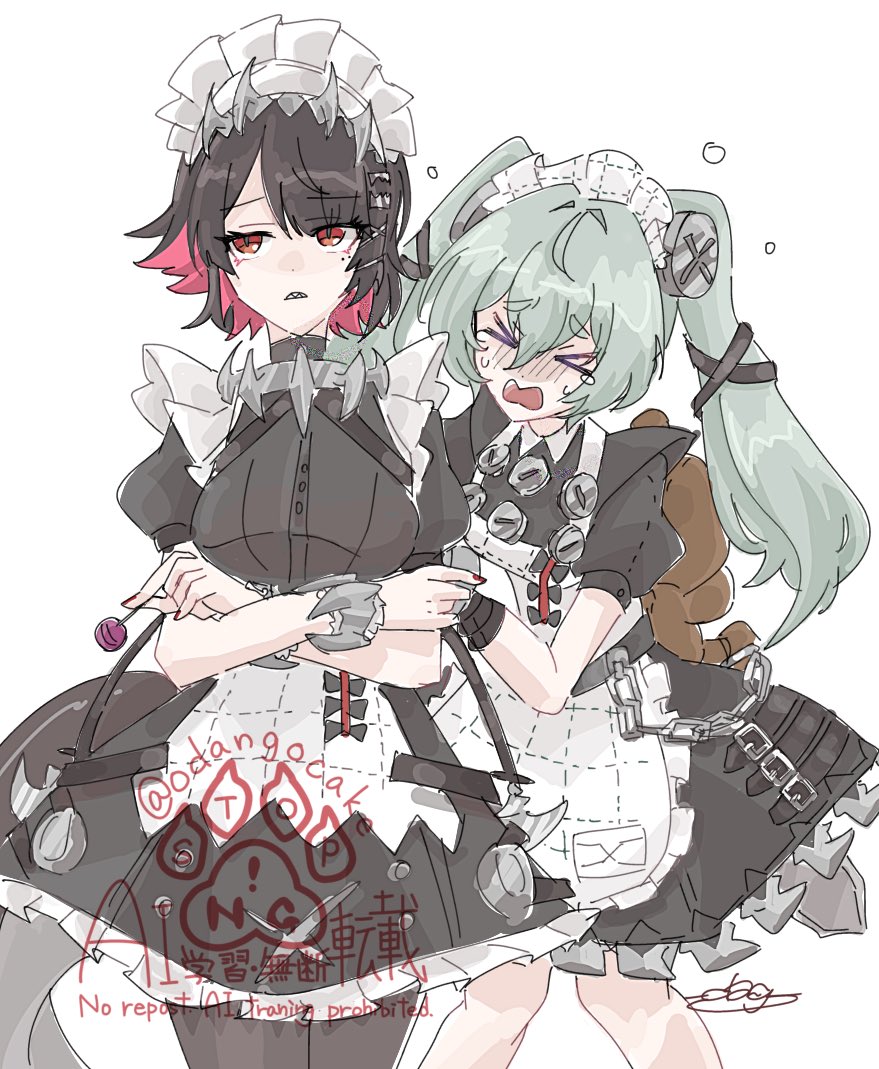 odangocake, corin wickes, ellen joe, zenless zone zero, commentary request, > <, 2girls, animal bag, bear bag, black dress, black hair, breasts, candy, colored inner hair, cowboy shot, crossed arms, dress, facing viewer, fins, fish tail, food, green hair, hair between eyes, hair ornament, holding, holding candy, holding food, holding lollipop, lollipop, long hair, maid, maid headdress, mole, mole under eye, multicolored hair, multiple girls, open mouth, red eyes, red hair, red nails, screw hair ornament, shark girl, shark tail, sharp teeth, signature, simple background, tail, teeth, twintails, two-tone hair, white background