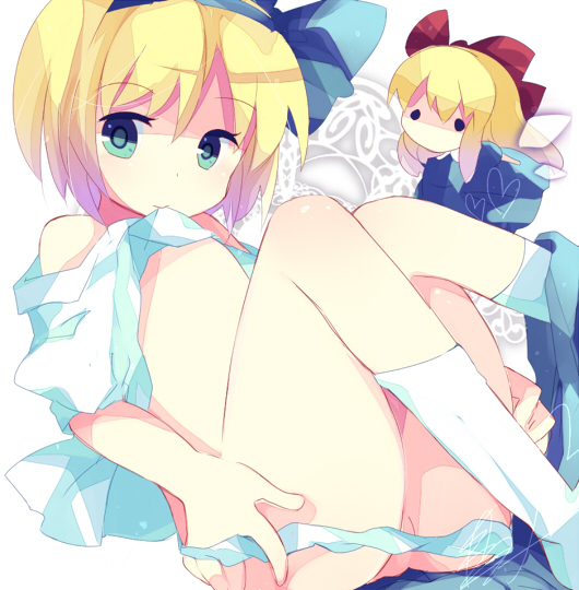 kobato (artist), morinaga kobato, alice margatroid, alice margatroid (pc-98), shanghai doll, mystic square, touhou, touhou (pc-98), 1girl, aged down, bare shoulders, blonde hair, blue hairband, bow, clothes lift, doll, female focus, green eyes, hair bow, hairband, mouth hold, panties, ribbon, shirt lift, short hair, socks, solo, underwear, wings
