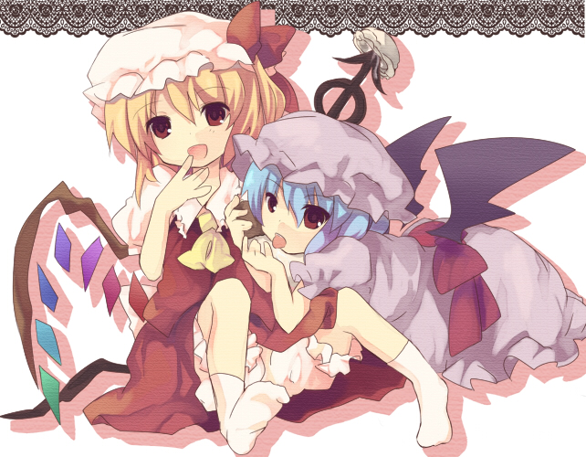 kobato (artist), morinaga kobato, flandre scarlet, remilia scarlet, touhou, 2girls, female focus, hat, multiple girls, ribbon, siblings, sisters, wings