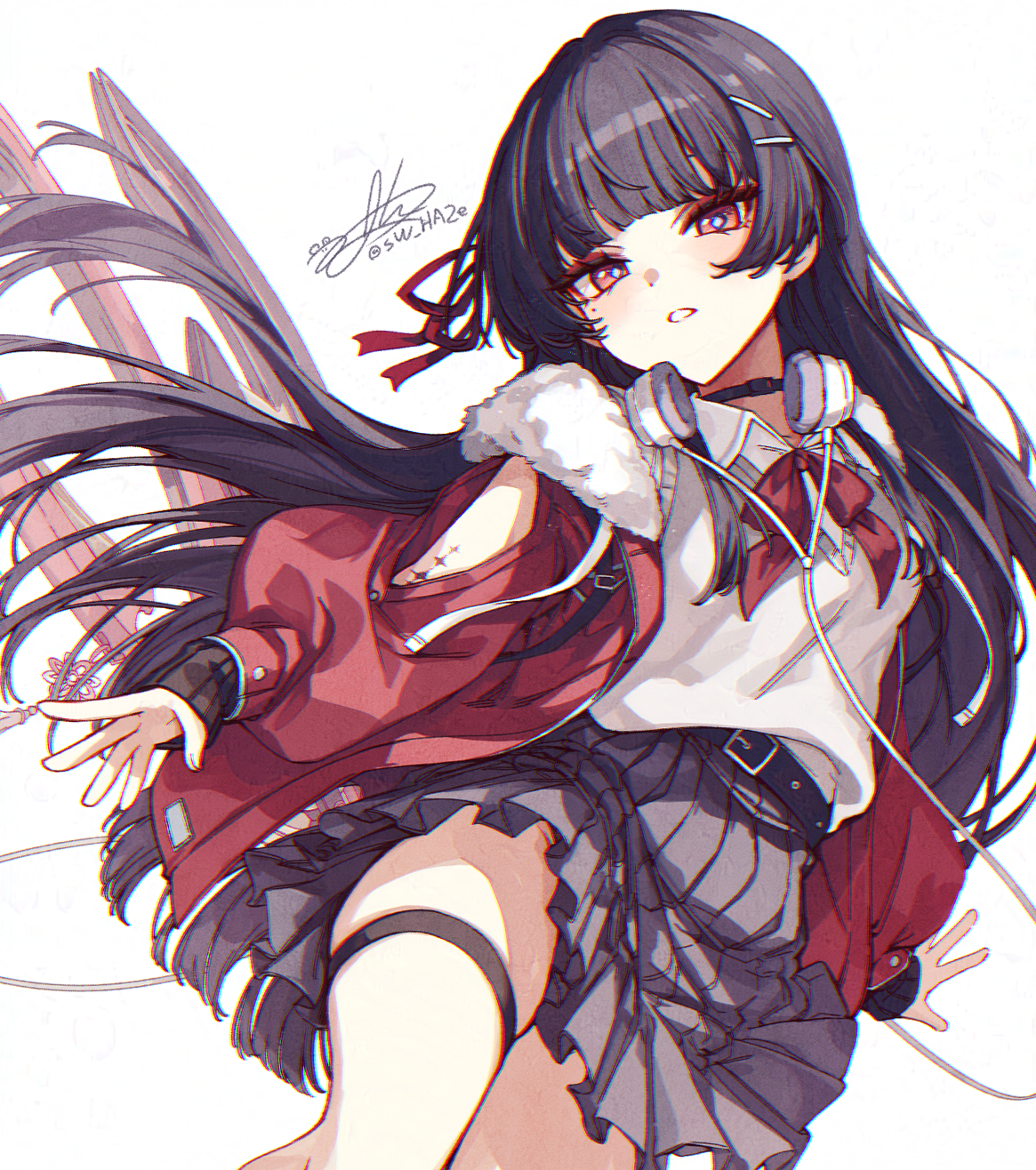 sw haze, chisa (wuthering waves), wuthering waves, adversarial noise, commentary request, highres, korean commentary, 1girl, alternate costume, arm cutout, black choker, black hair, black skirt, bow, bowtie, choker, chromatic aberration, clothing cutout, collared shirt, fur-trimmed jacket, fur trim, hair ribbon, headphones, headphones around neck, jacket, long hair, long sleeves, looking at viewer, mole, mole under eye, parted lips, red bow, red bowtie, red eyes, red jacket, red ribbon, ribbon, shirt, signature, simple background, skirt, solo, sword, tacet mark (wuthering waves), thigh strap, thighs, very long hair, vest, weapon, white background, white vest