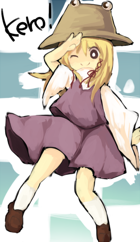 kobato (artist), morinaga kobato, moriya suwako, touhou, lowres, 1girl, blonde hair, female focus, hat, one eye closed, solo, wink