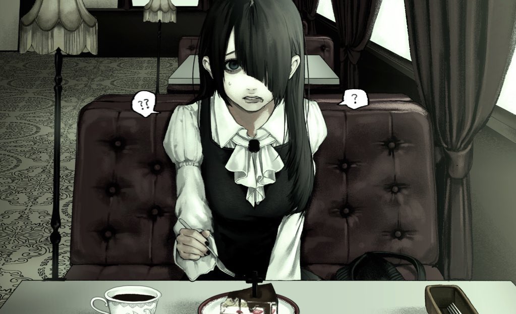 original, 1girl, ?, ascot, black dress, black hair, black nails, brooch, cake, cake slice, collared shirt, cup, diagonal bangs, dress, floor lamp, food, fork, hair over one eye, holding, holding fork, jewelry, juliet sleeves, lamp, lipstick, long hair, long sleeves, makeup, pale skin, puffy sleeves, restaurant, shirt, sitting, solo, spoken question mark, tea, teacup, white ascot, white shirt, wide sleeves, ystty0