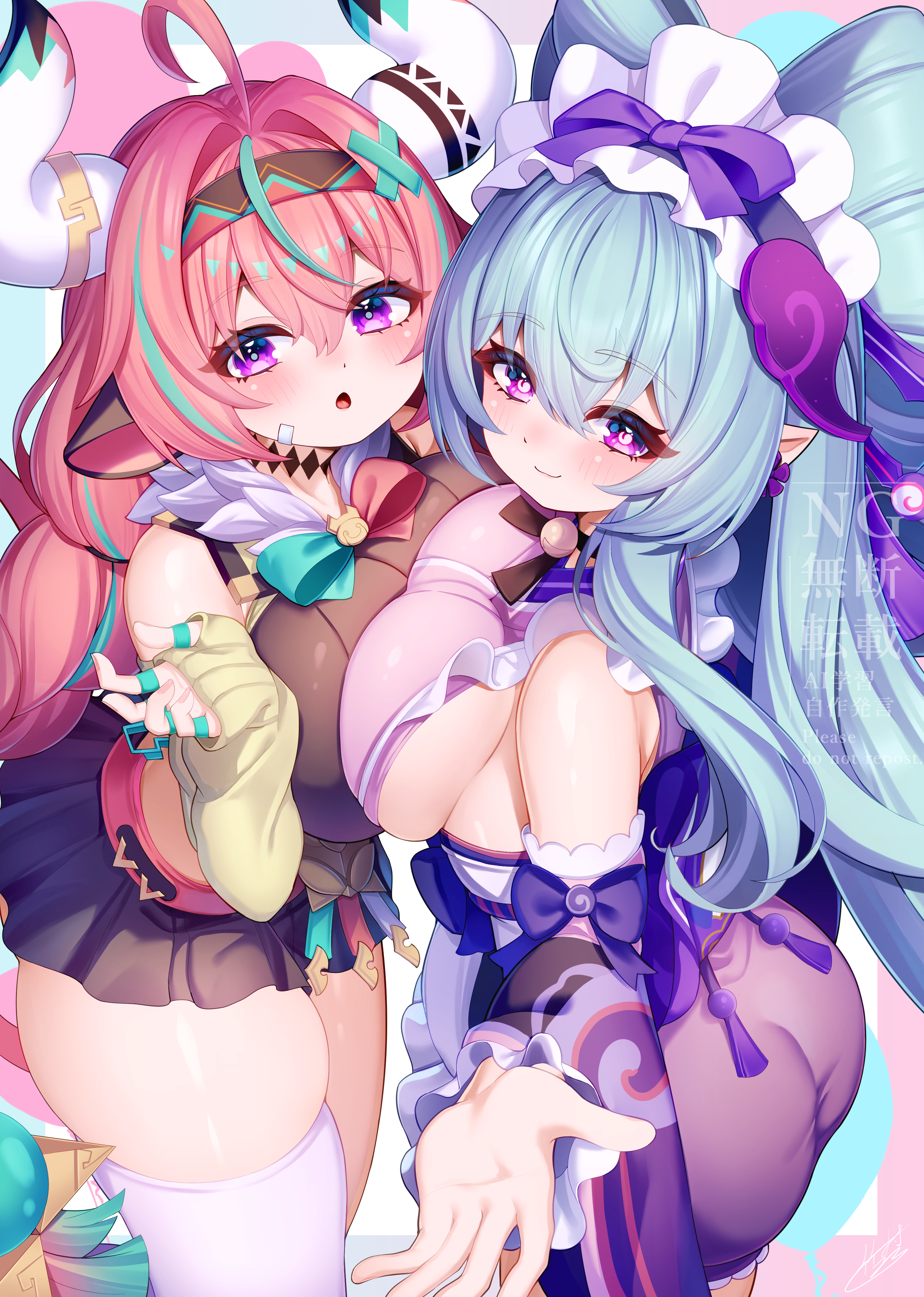 takemura kou, varesa (genshin impact), yumemizuki mizuki, genshin impact, absurdres, commentary request, highres, 2girls, ahoge, animal ears, aqua hair, asymmetrical docking, black skirt, blush, breast press, breasts, closed mouth, cow ears, cow girl, cow horns, detached sleeves, frilled hairband, frills, hair between eyes, hair ornament, hairband, horns, japanese clothes, kimono, large breasts, long hair, long sleeves, looking at viewer, maid, miniskirt, multiple girls, nihongami, open mouth, pink hair, pink kimono, purple eyes, sideboob, simple background, skirt, sleeveless, sleeveless kimono, smile, sweater, symmetrical docking, thick thighs, thighs, very long hair, wa maid, watermark, white background, white sweater, wide sleeves