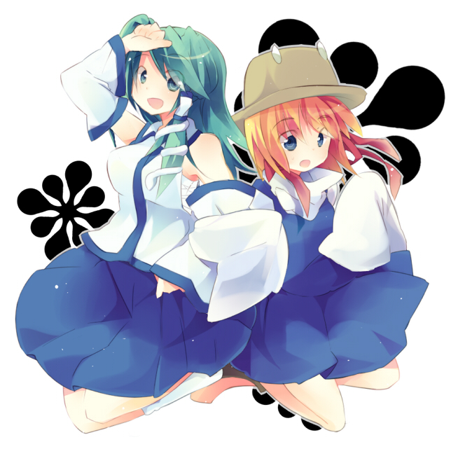 kobato (artist), morinaga kobato, kochiya sanae, moriya suwako, touhou, bad id, bad pixiv id, 2girls, female focus, hat, multiple girls, short hair