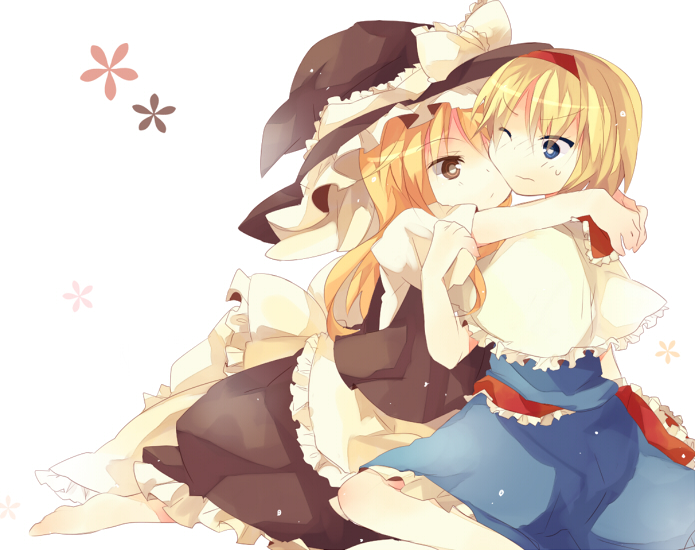 kobato (artist), morinaga kobato, alice margatroid, kirisame marisa, touhou, bad id, bad pixiv id, 2girls, blonde hair, female focus, hug, multiple girls, one eye closed, wink