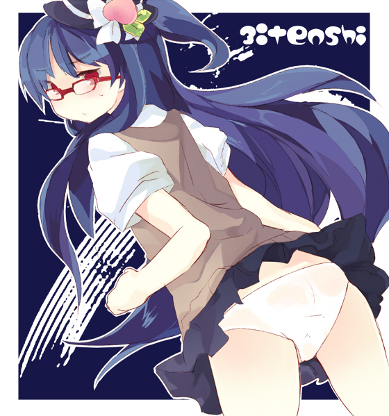kobato (artist), morinaga kobato, hinanawi tenshi, touhou, bad id, bad pixiv id, 1girl, alternate costume, bespectacled, contemporary, female focus, glasses, long hair, panties, school uniform, solo, underwear