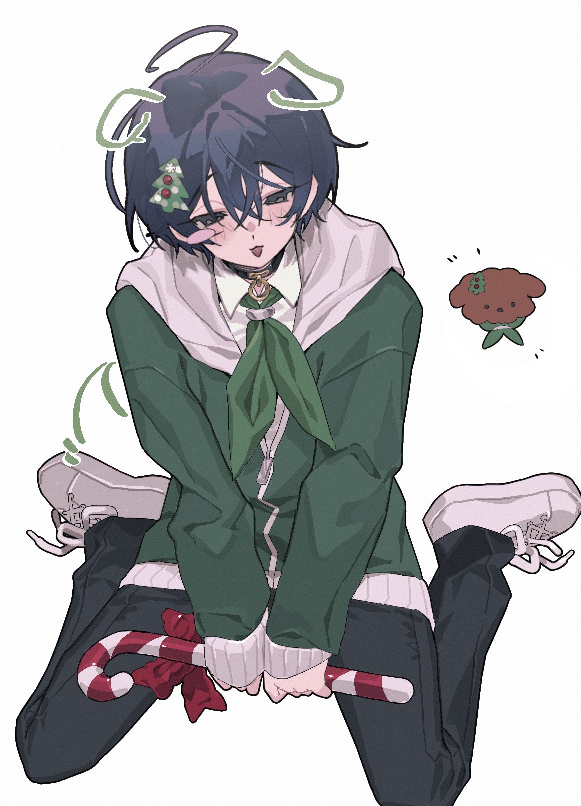 poca 0422, charisma house, commentary request, highres, 1boy, animalization, black pants, blue eyes, blue hair, blush, candy, candy cane, christmas tree hair ornament, collar, collared shirt, dog, drawn ears, drawn tail, food, full body, green jacket, green necktie, hair between eyes, hair ornament, holding, holding candy, holding candy cane, holding food, hood, hood down, hooded jacket, jacket, male focus, motohashi iori, necktie, open mouth, pants, partially unzipped, person and animalization, shirt, shoes, short hair, simple background, sitting, sleeves past wrists, sneakers, wariza, white background, white shirt, zipper