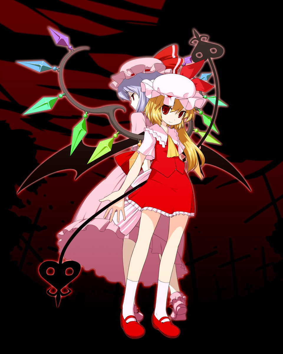 captain freedom, flandre scarlet, remilia scarlet, touhou, bad id, bad pixiv id, highres, 2girls, female focus, hat, multiple girls, red eyes, siblings, sisters, wings