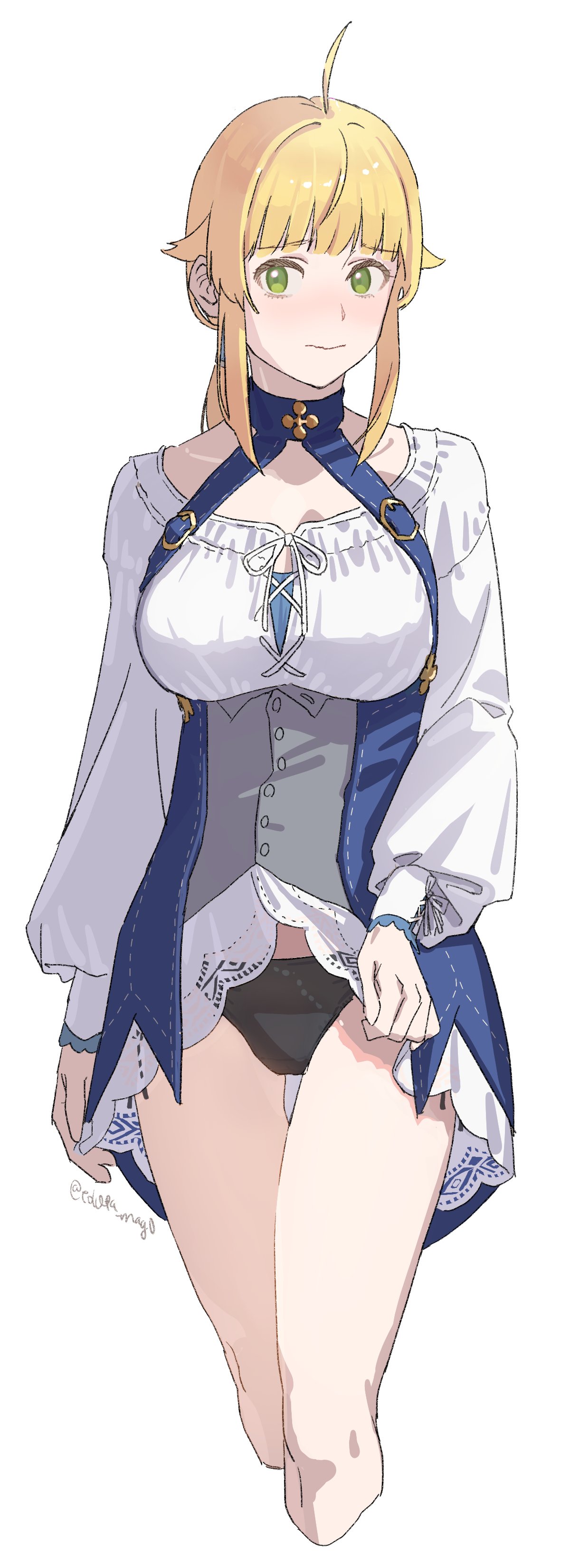 tokita (mag0), norn greyrat, mushoku tensei, shirt over dress, absurdres, highres, 1girl, ahoge, black panties, blonde hair, blue shirt, breasts, closed mouth, clothes lift, collarbone, corset, cropped legs, dress, dress lift, green eyes, grey corset, large breasts, lifting own clothes, long sleeves, looking at viewer, medium hair, panties, shirt, short dress, simple background, solo, standing, thighs, underwear, white background, white dress