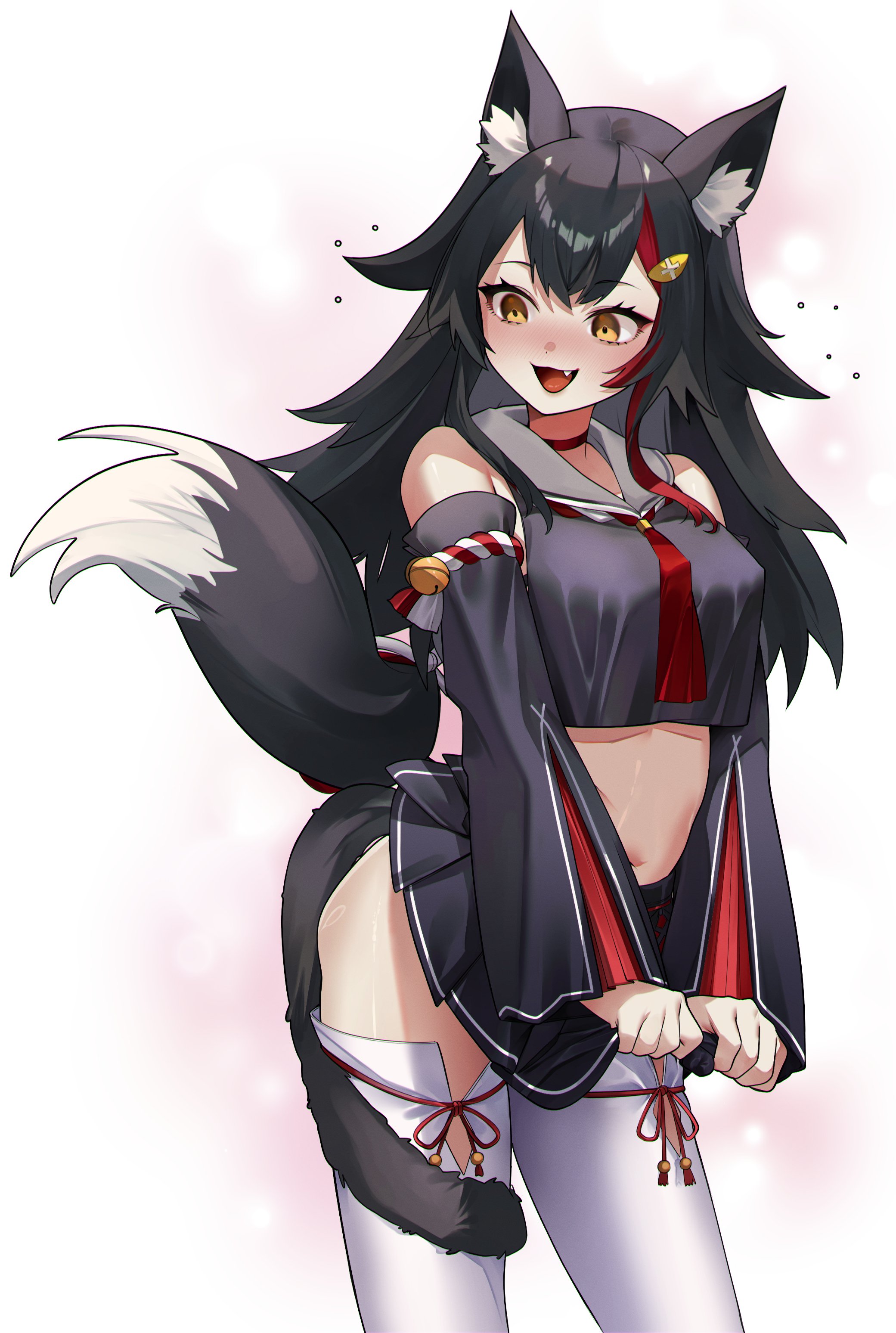 eredhen, ookami mio, ookami mio (1st costume), hololive, absurdres, hashtag-only commentary, highres, 1girl, :d, animal ears, averting eyes, bell, black hair, black serafuku, black shirt, black skirt, black sleeves, black tail, blush, choker, cropped shirt, detached sleeves, double-parted bangs, fang, flipped hair, hair between eyes, jingle bell, kouhaku nawa, long hair, low-tied long hair, midriff, miniskirt, multicolored hair, navel, neckerchief, nose blush, open mouth, pleated skirt, red choker, red hair, red neckerchief, rope, sailor collar, school uniform, serafuku, shimenawa, shirt, sidelocks, simple background, skirt, skirt hold, sleeveless, sleeveless shirt, smile, solo, spiked hair, streaked hair, tabi, tail, tail around own leg, tail wrap, thighhighs, very long hair, virtual youtuber, white background, white hair, white sailor collar, white thighhighs, wolf ears, wolf girl, wolf tail, yellow eyes