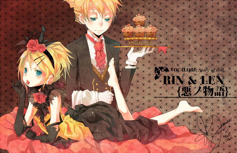 draa, allen avadonia, kagamine len, kagamine rin, riliane lucifen d'autriche, aku no musume (vocaloid), evillious nendaiki, vocaloid, 1boy, 1girl, barefoot, blonde hair, blue eyes, brother and sister, cherry, cupcake, dress, elbow gloves, feet, flower, food, fruit, gloves, hair ornament, hairband, hairclip, lying, mouth hold, on stomach, ponytail, rose, short hair, siblings, tray, twins