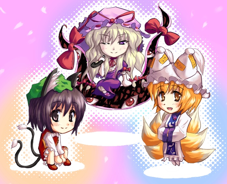 guang, chen, yakumo ran, yakumo yukari, touhou, bad id, bad pixiv id, 3girls, animal ears, animal hat, blonde hair, brown hair, chibi, female focus, hands in opposite sleeves, hat, holding, holding umbrella, long hair, long sleeves, mob cap, multiple girls, multiple tails, one eye closed, puffy short sleeves, puffy sleeves, ribbon, shoes, short hair, short sleeves, tail, tassel, umbrella, wide sleeves, wink