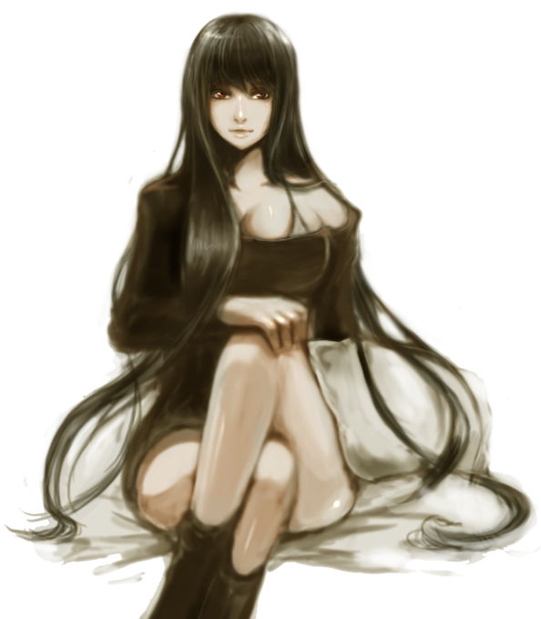 nicole pmonachi, original, bad id, bad pixiv id, 1girl, black hair, boots, breasts, crossed legs, female focus, large breasts, long hair, sitting, solo
