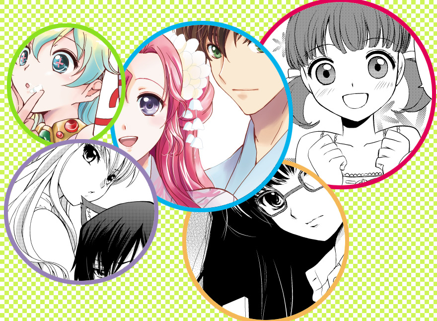 akina tsukako, c.c., doujima nanako, euphemia li britannia, kururugi suzaku, lelouch vi britannia, nia teppelin, atlus, code geass, persona, persona 4, tengen toppa gurren lagann, 00s, 2boys, 5girls, animal ears, aqua hair, cat ears, crossover, flower, glasses, green eyes, long hair, multiple boys, multiple girls, pink hair