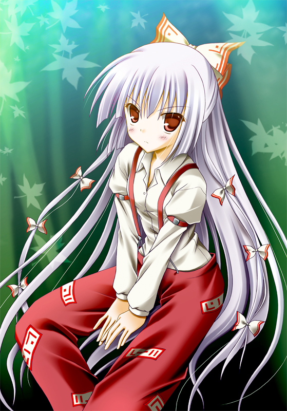 takise, fujiwara no mokou, touhou, 1girl, blush, bow, female focus, hair bow, leaf, long hair, multiple hair bows, red eyes, sitting, solo, suspenders, very long hair, white hair