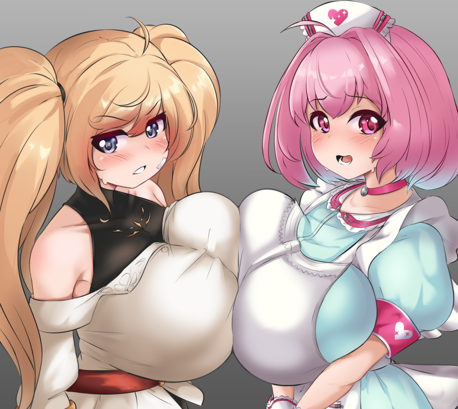 pldf, monika weisswind, yumemi riamu, granblue fantasy, idolmaster, idolmaster cinderella girls, 2girls, ahoge, apron, bare shoulders, black shirt, blonde hair, blue dress, blue hair, blush, breast press, breasts, choker, dress, gradient background, hat, heart, huge breasts, long hair, multicolored hair, multiple girls, nurse cap, pink choker, pink hair, shirt, short hair, sweat, symmetrical docking, twintails, two-tone hair, white apron, white dress