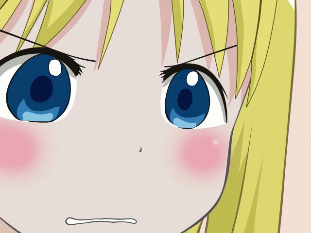 ana coppola, ichigo mashimaro, derivative work, vector trace, 1girl, blonde hair, blue eyes, blush, child, female focus, gununu (meme), meme, solo