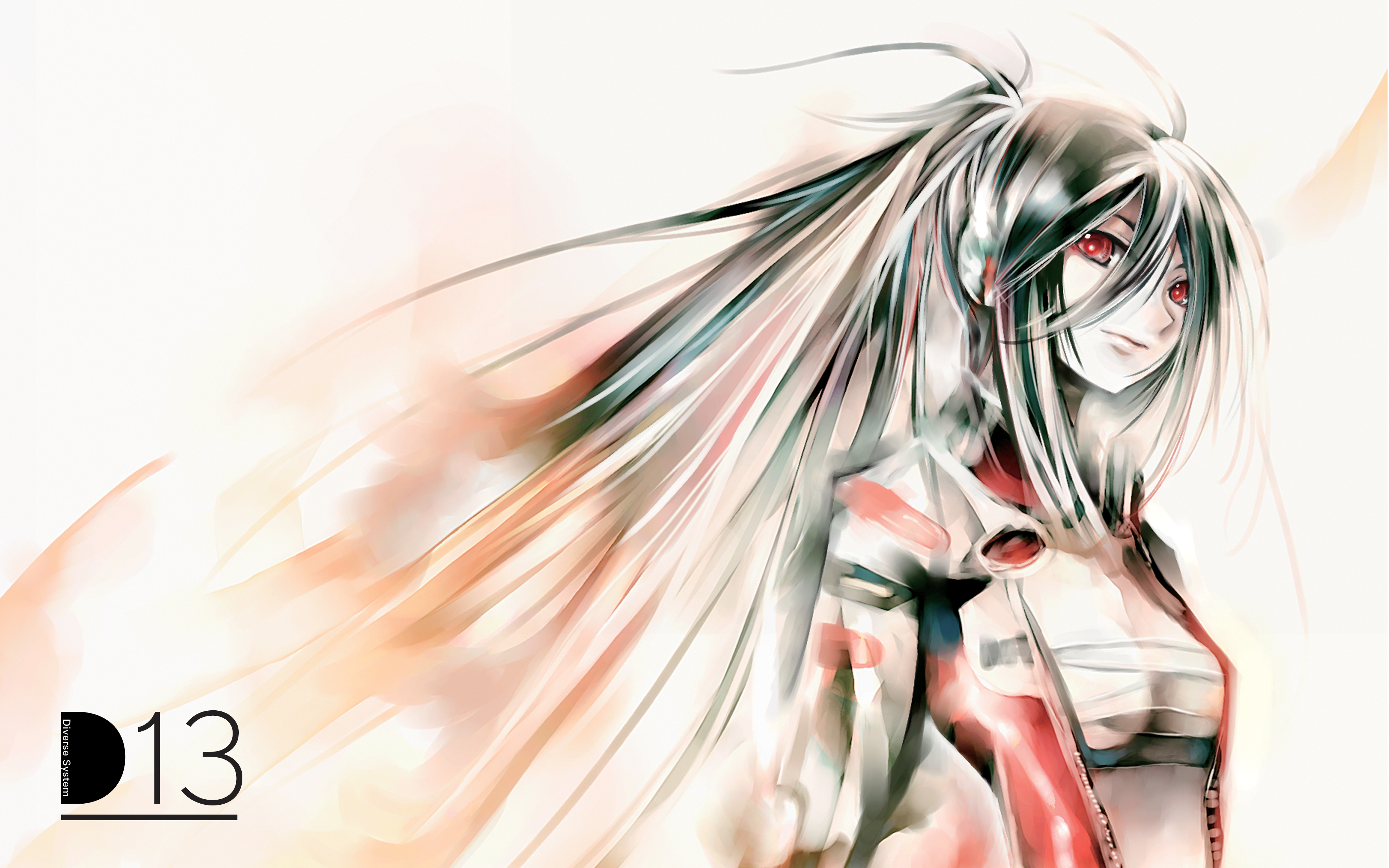 kei (keigarou), dj sakura, sakura (beatmania iidx), beatmania iidx, beatmania iidx 11 iidx red, bemani, absurdres, highres, 1girl, biker clothes, bikesuit, black hair, bodysuit, female focus, long hair, ponytail, red eyes, solo, unzipped, very long hair