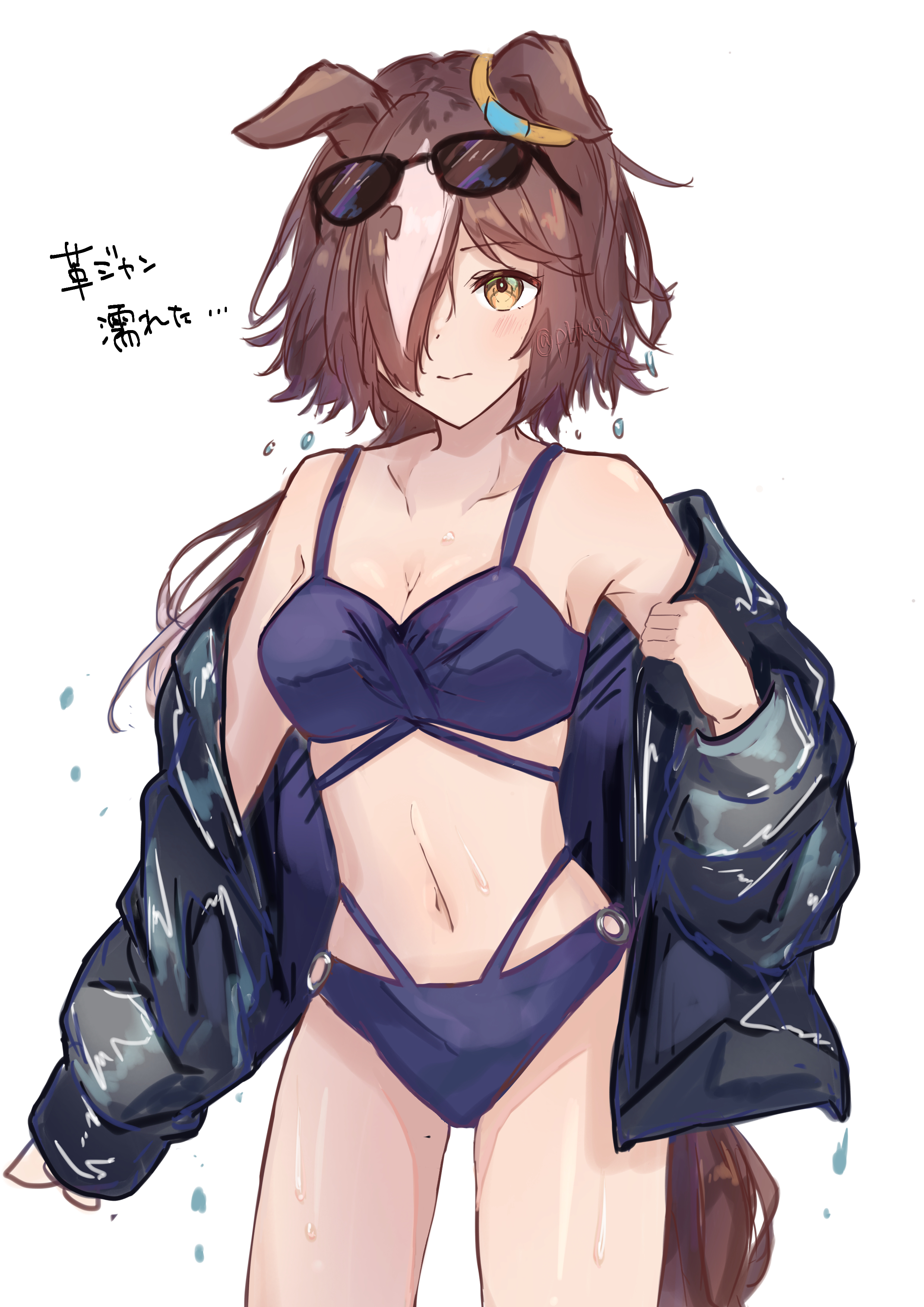 pitsugi, vodka (umamusume), umamusume, absurdres, commentary, highres, translated, 1girl, alternate costume, animal ears, bikini, black jacket, blush, breasts, brown hair, cleavage, cowboy shot, eyewear on head, hair over one eye, horse ears, horse girl, jacket, leather, leather jacket, long hair, long sleeves, looking at viewer, multicolored hair, navel, purple bikini, simple background, small breasts, solo, stomach, streaked hair, sunglasses, swimsuit, wet jacket, white background, white hair, yellow eyes