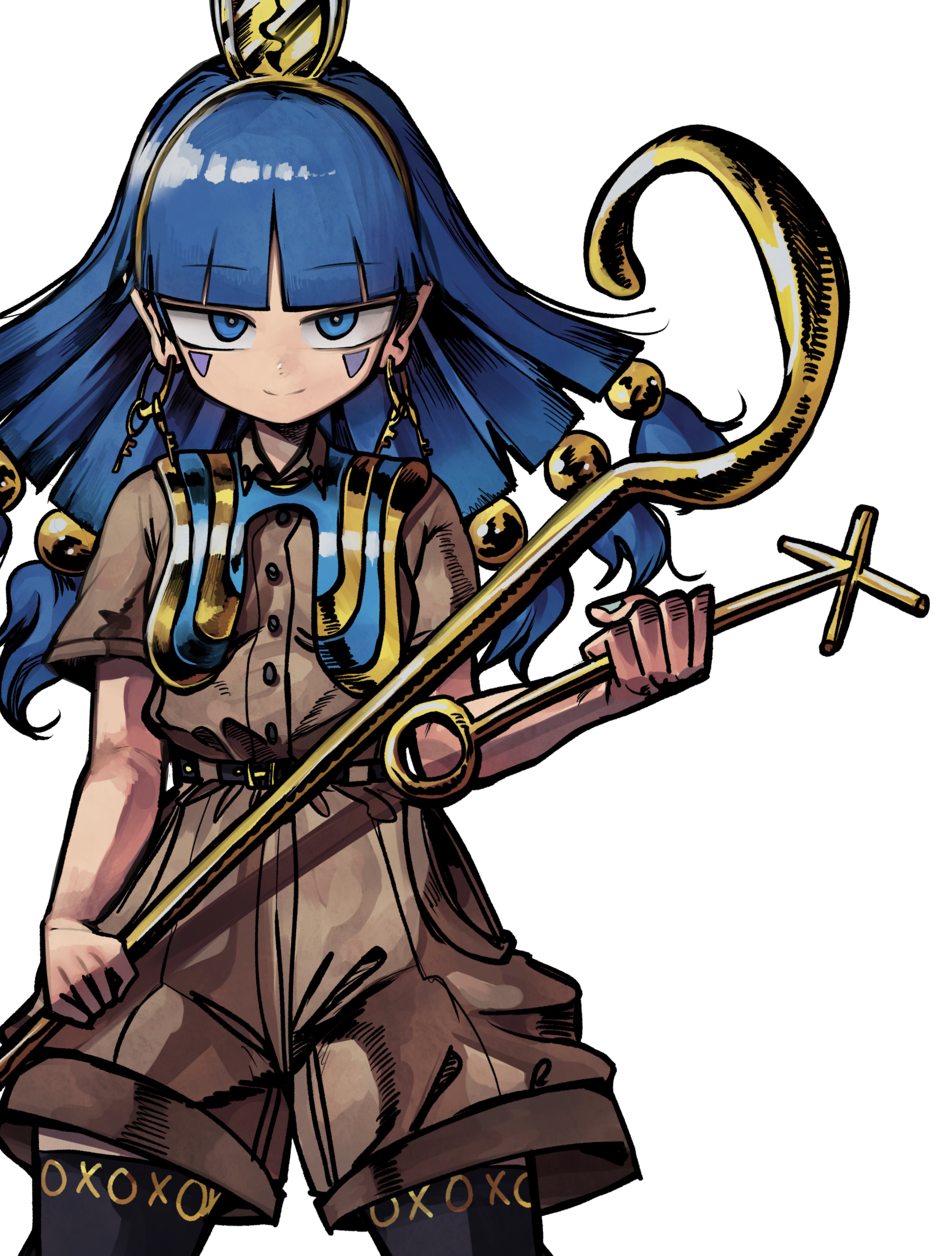 piaki, michigami nareko, touhou, absurdres, commentary request, highres, 1girl, black thighhighs, blue eyes, blue hair, brown shirt, brown shorts, cowboy shot, earrings, facial mark, gold headband, hair ornament, holding, holding scepter, jewelry, key earrings, legs apart, light smile, long hair, looking at viewer, sanpaku, scepter, shirt, shorts, simple background, solo, sphere hair ornament, split mouth, standing, thighhighs, triangle, triangle facial mark, usekh collar, white background