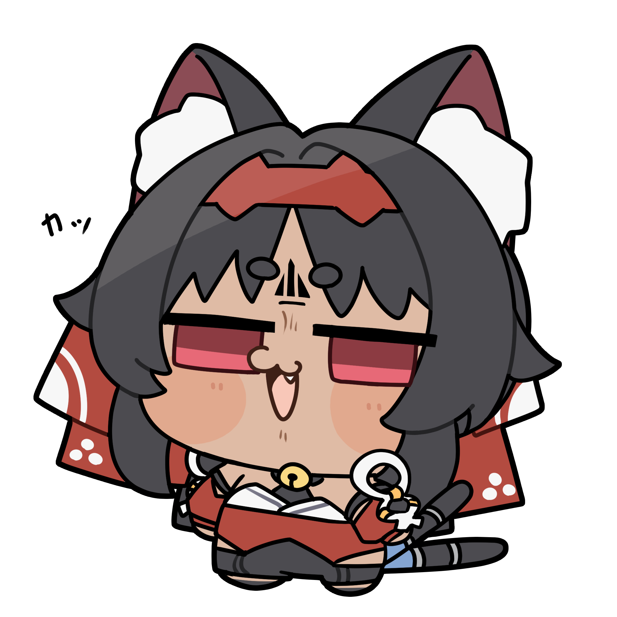 shinonome nashi, nekomiya mana, zenless zone zero, commentary request, highres, 1girl, animal ear fluff, animal ears, barcode, barcode tattoo, bell, black hair, cable, cable tail, cat ears, cat girl, cat tail, chibi, chibi only, corset, facial mark, forehead mark, forehead tattoo, full body, hairband, half-closed eyes, mechanical tail, multiple tails, neck bell, no pupils, open mouth, red corset, red eyes, red hairband, red sleeves, simple background, solo, tail, tattoo, triangle, triangle facial mark, two tails, white background