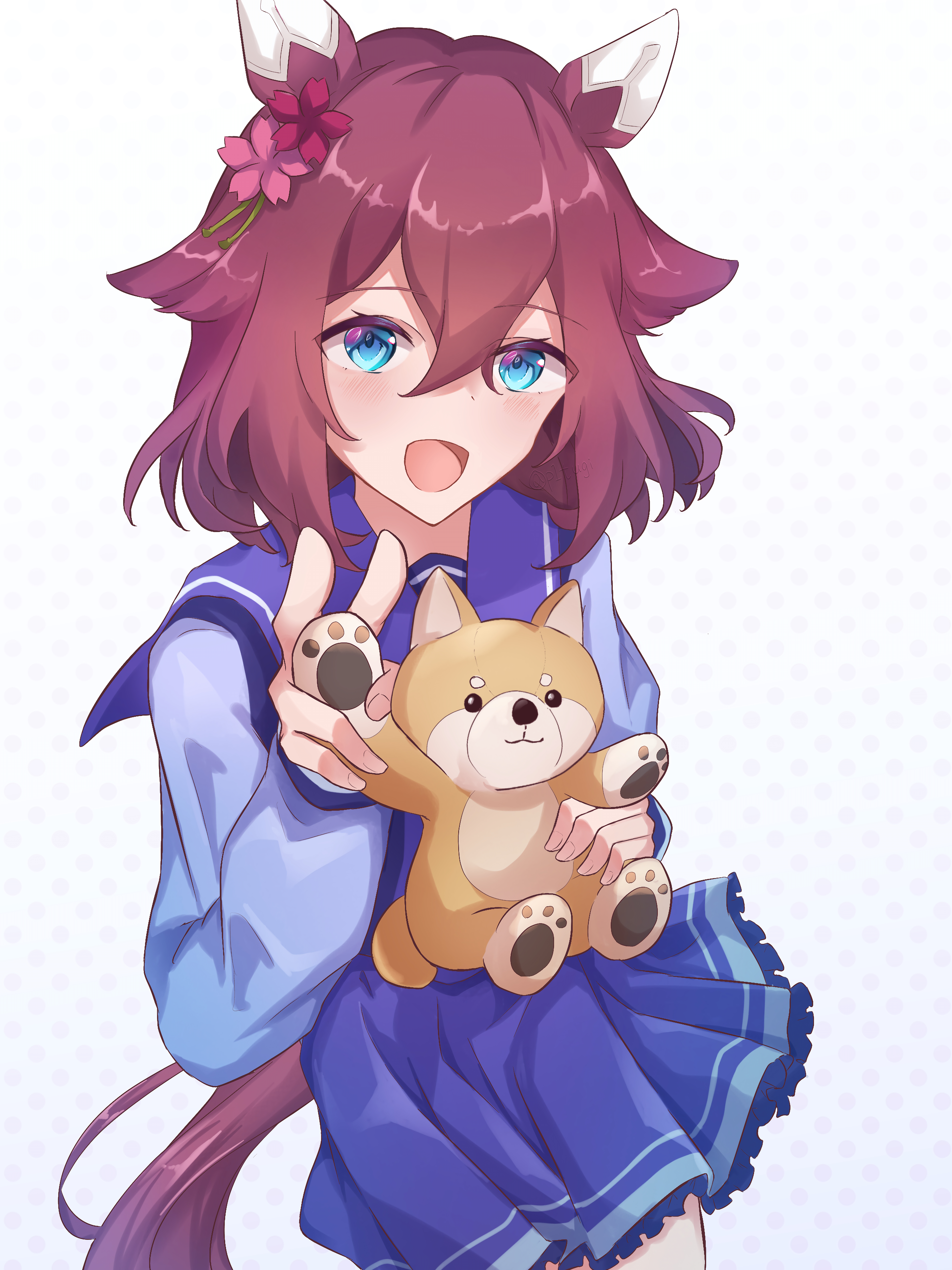 pitsugi, sakura chiyono o (umamusume), umamusume, absurdres, commentary request, highres, 1girl, animal ears, blue eyes, blush, breasts, cowboy shot, flower, hair between eyes, hair flaps, hair flower, hair ornament, holding, holding stuffed toy, horse ears, horse girl, looking at viewer, petticoat, pleated skirt, purple serafuku, school uniform, serafuku, skirt, smile, solo, stuffed animal, stuffed dog, stuffed toy, tracen school uniform, v, white background, winter uniform