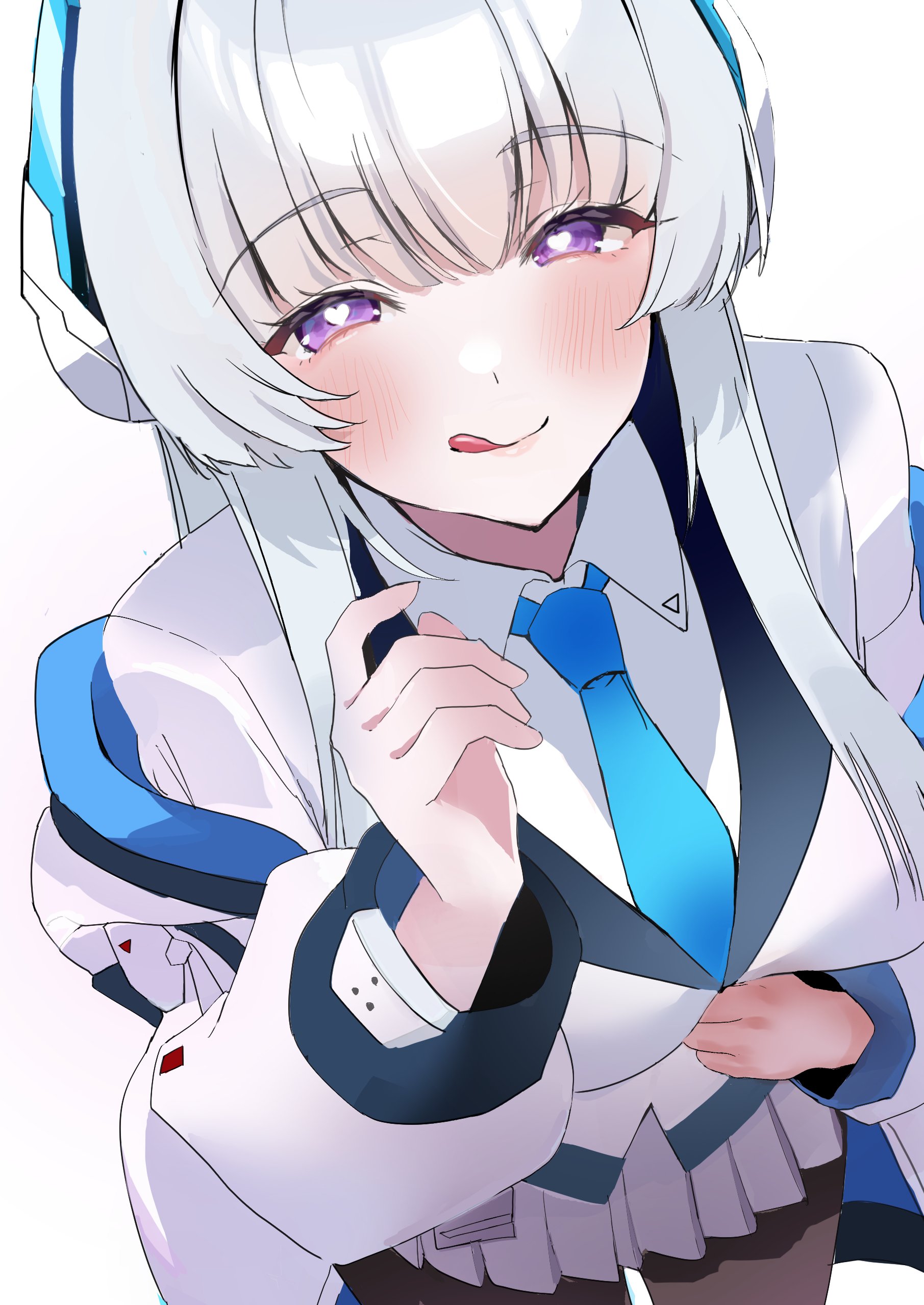 nakano kura, noa (blue archive), blue archive, absurdres, highres, 1girl, blue necktie, blush, breasts, brown pantyhose, formal clothes, grey hair, halo, headgear, heart, heart-shaped pupils, jacket, large breasts, licking lips, long hair, long sleeves, looking at viewer, mechanical halo, necktie, pantyhose, purple eyes, shirt, smile, suit, symbol-shaped pupils, tongue, tongue out, two-sided fabric, two-sided jacket, white hair, white halo, white jacket, white shirt, white suit