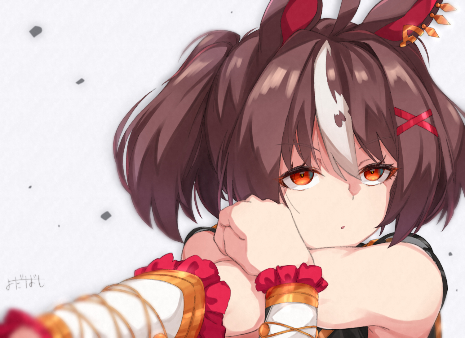 shiver (siva-hl), gran alegria (umamusume), umamusume, commentary request, 1girl, ahoge, animal ears, brown hair, clenched hand, hair between eyes, hair ornament, horse girl, looking at viewer, partially shaded face, red eyes, serious, solo, stretching, white background, x hair ornament