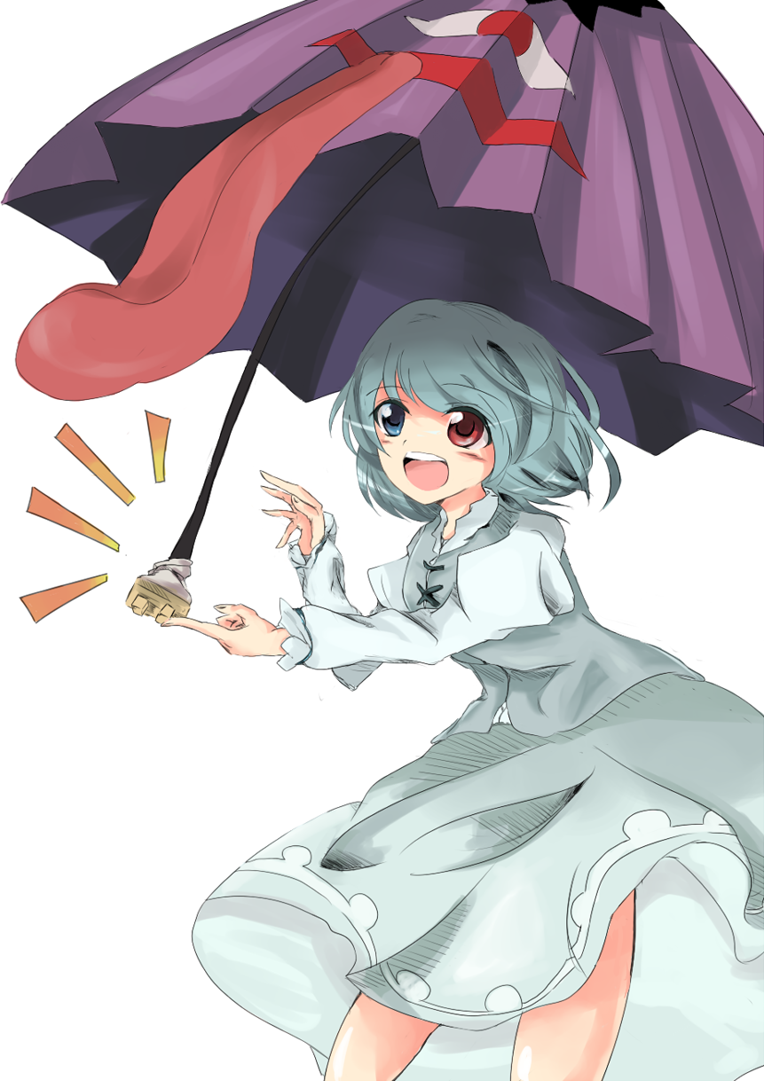 miyashu, tatara kogasa, touhou, highres, 1girl, aqua hair, balancing, female focus, geta, heterochromia, karakasa obake, short hair, skirt, solo, tongue, umbrella