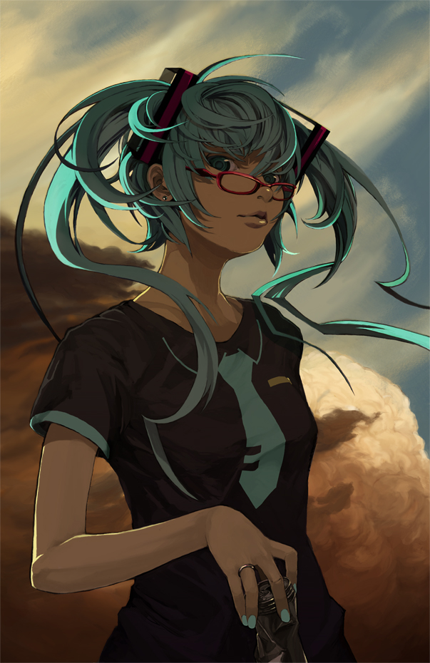 takuma (largetakumamover), hatsune miku, vocaloid, 1girl, aqua eyes, aqua hair, aqua nails, bespectacled, can, cloud, earrings, female focus, glasses, jewelry, lips, long hair, nail polish, necktie, red-framed eyewear, ring, shirt, sky, solo, t-shirt, twintails, wind