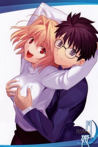 arcueid brunestud, tohno shiki, tsukihime, jpeg artifacts, lowres, third-party edit, 00s, 1boy, 1girl, black eyes, black hair, blonde hair, breasts, glasses, grabbing another's breast, groping, hetero, open mouth, purple skirt, red eyes, short hair, skirt, sweater