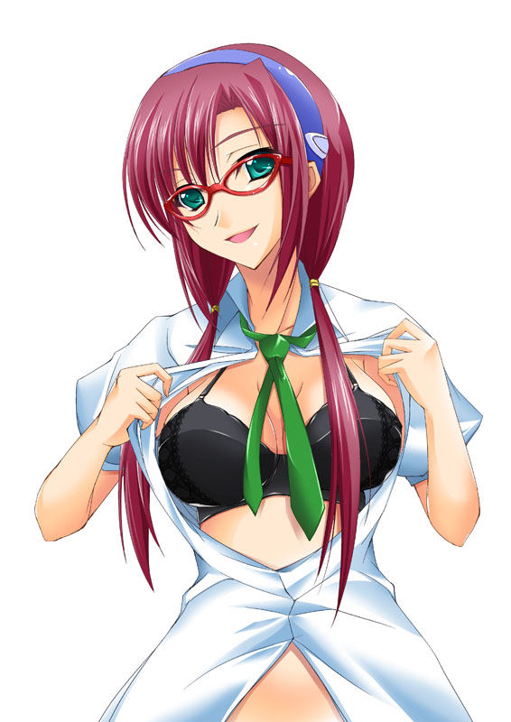 maho (yakimorokoshi), makinami mari illustrious, neon genesis evangelion, rebuild of evangelion, 00s, 1girl, bra, breasts, female focus, glasses, lingerie, open clothes, open shirt, shirt, simple background, smile, solo, twintails, underwear, white background