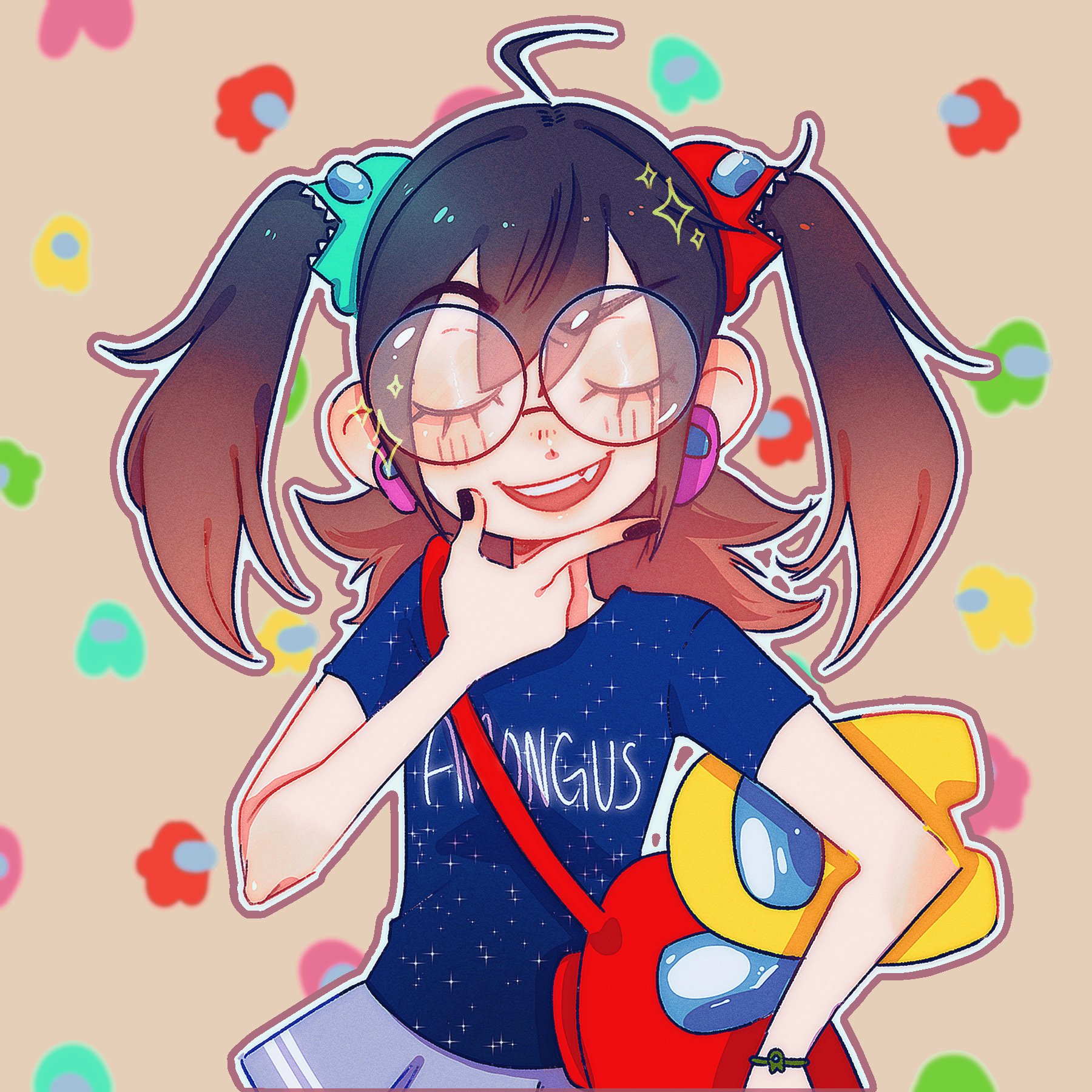 ghostybutt, crewmate (among us), impostor (among us), among us, original, commentary, english commentary, highres, 1girl, ahoge, amogus girl, black hair, black nails, blush, borrowed character, character ear piercing, character hair ornament, closed eyes, glasses, hair ornament, jimiko, long hair, open mouth, round eyewear, short twintails, skirt, solo, sparkle, teeth, twintails, upper teeth only