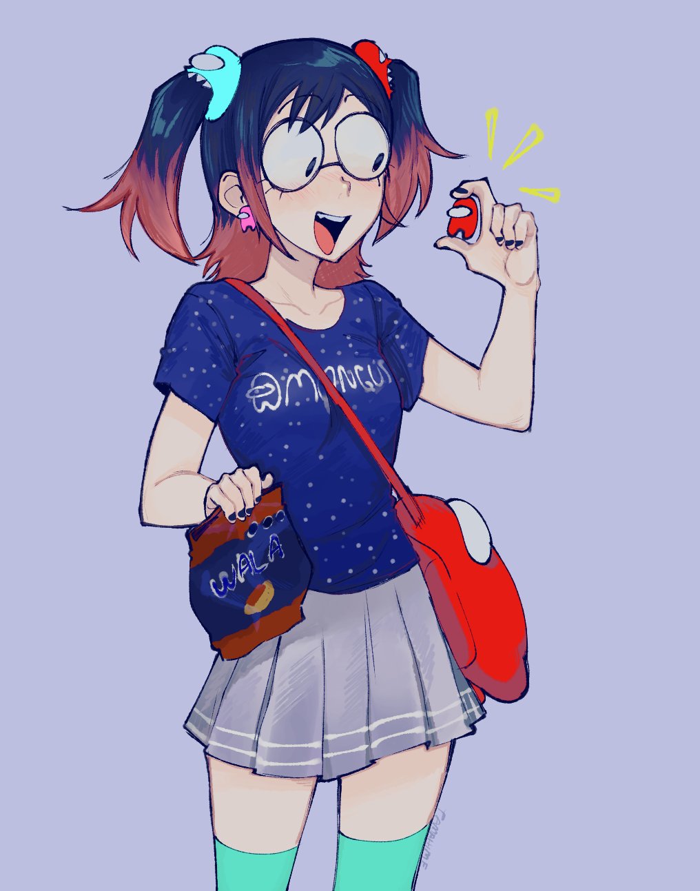 crewmate (among us), impostor (among us), among us, original, commentary, highres, 1girl, amogus girl, black hair, blush, borrowed character, brown hair, character ear piercing, character hair ornament, clothes writing, ear piercing, glasses, gradient hair, green thighhighs, grey skirt, hair ornament, holding, holding pastry bag, jimiko, long hair, multicolored hair, open mouth, pastry bag, piercing, pleated skirt, purple background, round eyewear, shirt, short twintails, simple background, skirt, spanish commentary, tamahime (artist), teeth, thighhighs, twintails, twitter username, upper teeth only, vuala (brand)