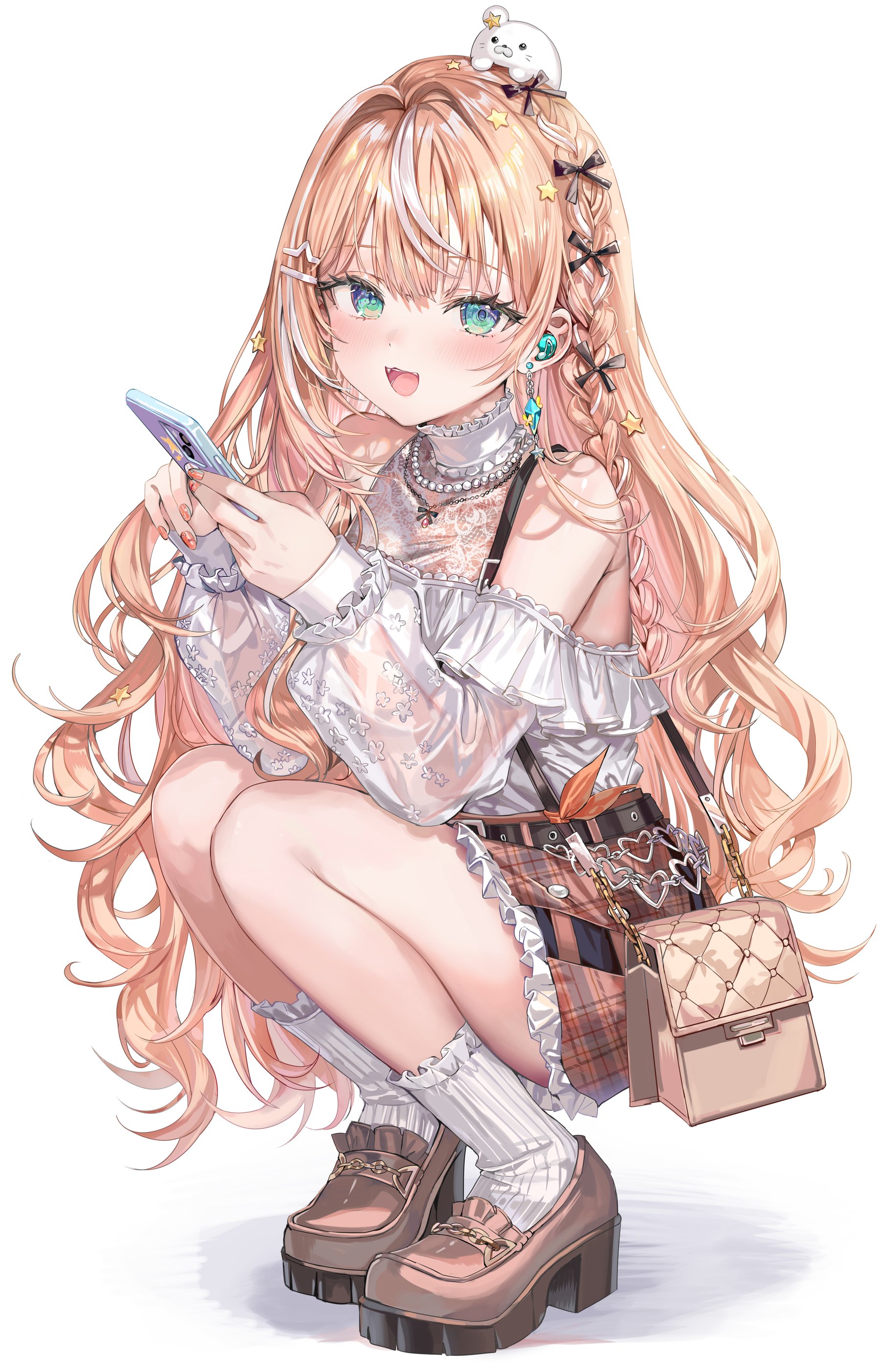 momoko (momopoco), igarashi rika, nijisanji, absurdres, commentary request, highres, 1girl, alternate costume, bag, bare shoulders, belt, blue eyes, brown shoes, casual, frilled shirt, frills, holding, holding phone, long hair, long sleeves, looking at viewer, multicolored hair, nail polish, off-shoulder shirt, off shoulder, open mouth, orange hair, orange skirt, phone, see-through clothes, see-through sleeves, shirt, shoes, shoulder bag, simple background, skirt, smile, socks, solo, squatting, streaked hair, thighs, very long hair, virtual youtuber, white background, white shirt, white socks