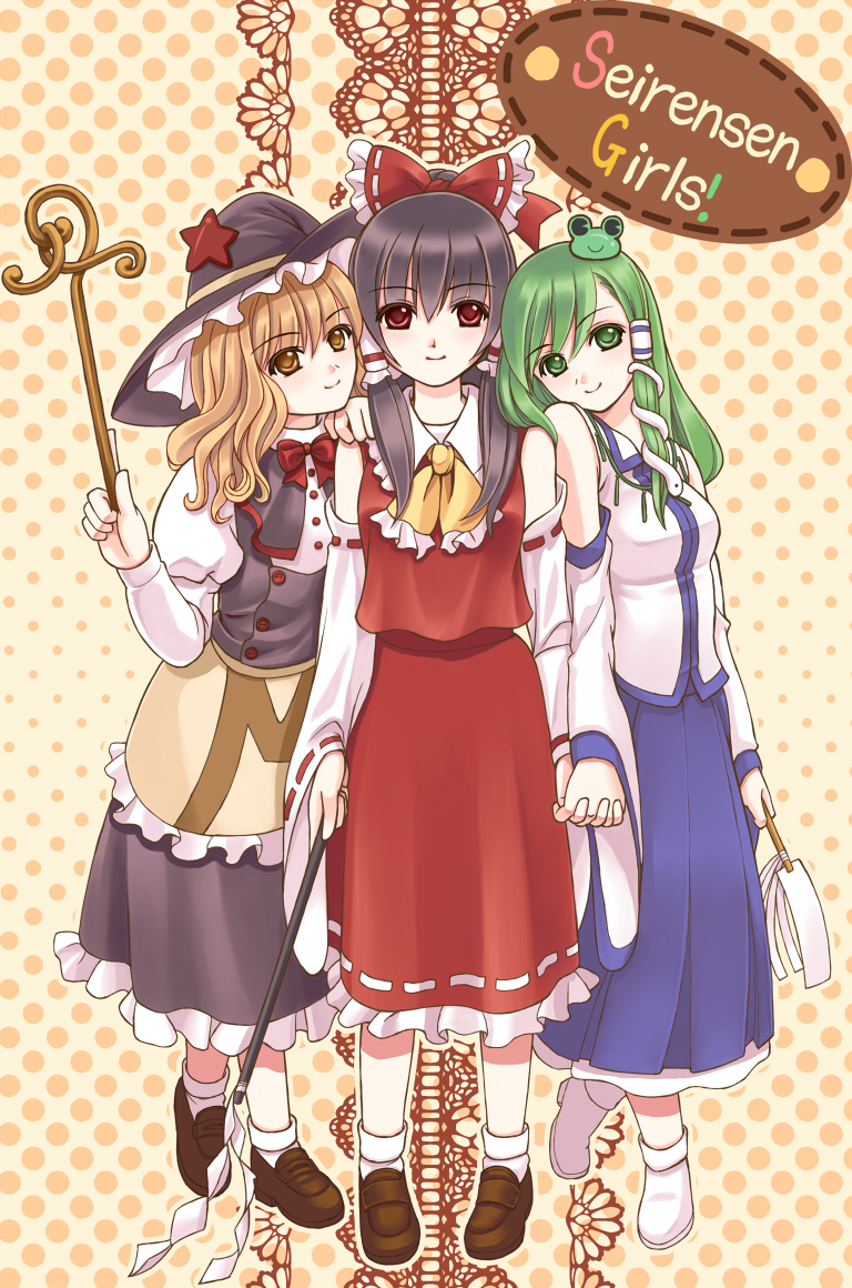 gorota, hakurei reimu, kirisame marisa, kochiya sanae, touhou, undefined fantastic object, bad id, bad pixiv id, 3girls, apron, black dress, blonde hair, blunt bangs, brown hair, dress, female focus, frog hair ornament, full body, green hair, hair ornament, head tilt, long hair, looking at viewer, multiple girls, red dress, standing, waist apron
