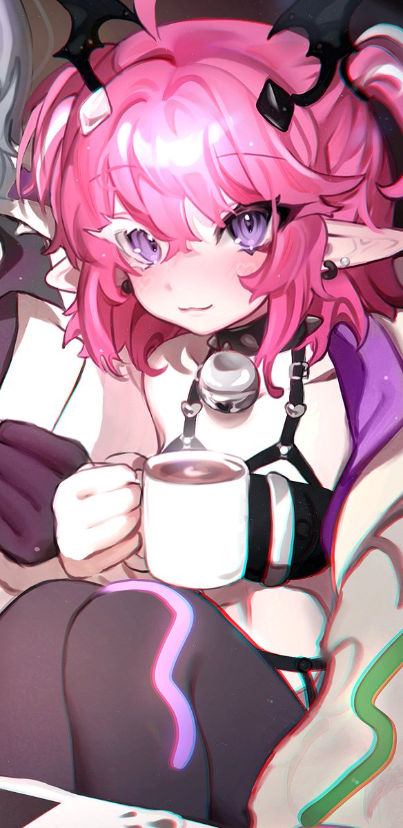 cloud (lufaeris), camila (cami 1.0) (vtuber), camila (vtuber), indie virtual youtuber, commentary, english commentary, highres, 1girl, ahoge, bell, black bra, blush, bra, closed mouth, coffee, coffee mug, cowboy shot, cup, ear piercing, hair between eyes, holding, holding cup, jingle bell, looking at viewer, mug, piercing, pink hair, pointy ears, purple eyes, short hair, sitting, smile, solo, two side up, underwear, virtual youtuber