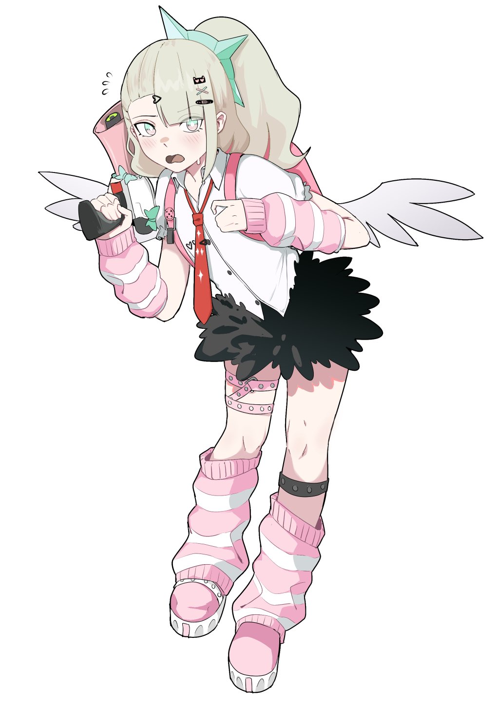 chinatsu remiel, zenless zone zero, hashtag-only commentary, highres, 1girl, bandaid, bandaid hair ornament, black skirt, blush, flying sweatdrops, full body, fur-trimmed skirt, fur trim, green eyes, green hair, hair ornament, holding, holding megaphone, kurokoi art, leaning forward, leg warmers, looking at viewer, megaphone, multicolored eyes, multiple hair clips, multiple thigh straps, necktie, open mouth, pink arm warmers, pink bag, pink eyes, pink leg warmers, pink shoes, ponytail, print necktie, red necktie, ring hair ornament, shirt, shoes, simple background, skirt, solo, striped arm warmers, striped leg warmers, sweat, white background, white shirt, white wings, winged bag, wings