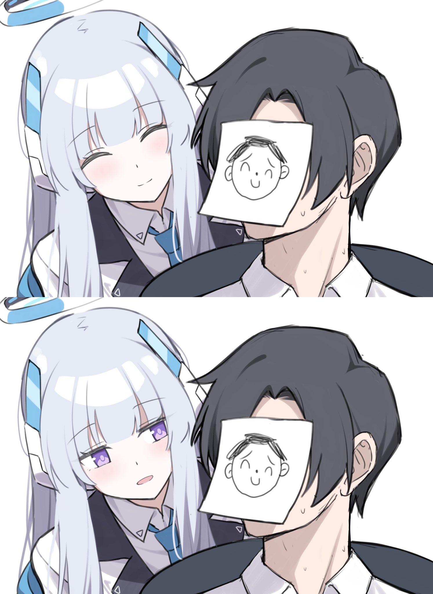 reia 76, doodle sensei (blue archive), noa (blue archive), sensei (blue archive), blue archive, highres, 1boy, 1girl, black hair, blue necktie, closed eyes, halo, jacket, long hair, mechanical halo, necktie, open clothes, open jacket, open mouth, purple eyes, sweat, white hair, white jacket