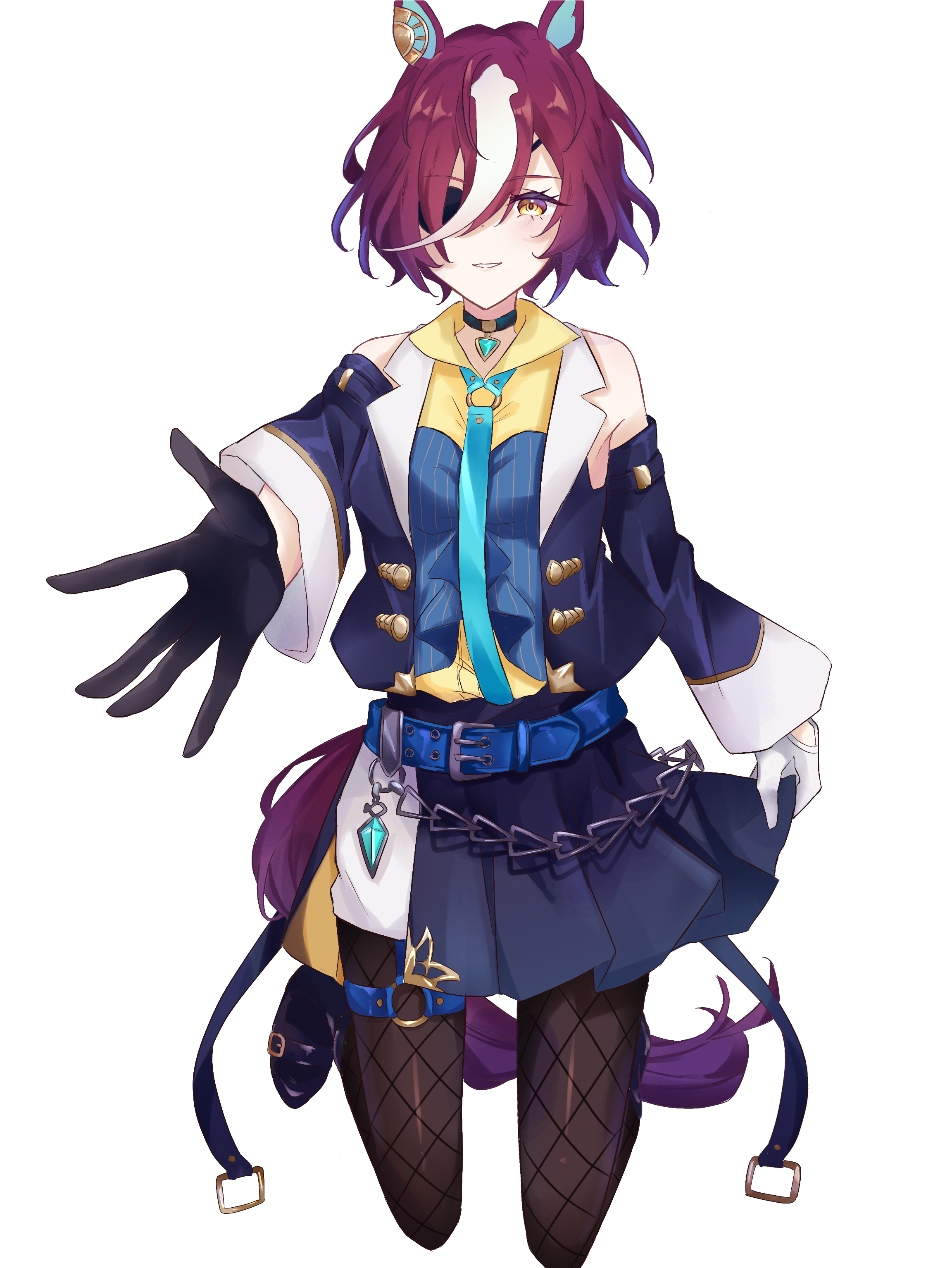 pitsugi, subaratowa, tanino gimlet (embodiment of keravnos) (umamusume), tanino gimlet (umamusume), umamusume, absurdres, commentary request, highres, 1girl, animal ear fluff, animal ears, asymmetrical gloves, black choker, black gloves, black pantyhose, choker, closed mouth, detached sleeves, ear ornament, eyepatch, fishnet pantyhose, fishnets, gloves, hair between eyes, horse ears, horse girl, mismatched gloves, multicolored hair, pantyhose, reaching, reaching towards viewer, shirt, short hair, smile, solo, streaked hair, white background, white gloves, white hair, yellow shirt